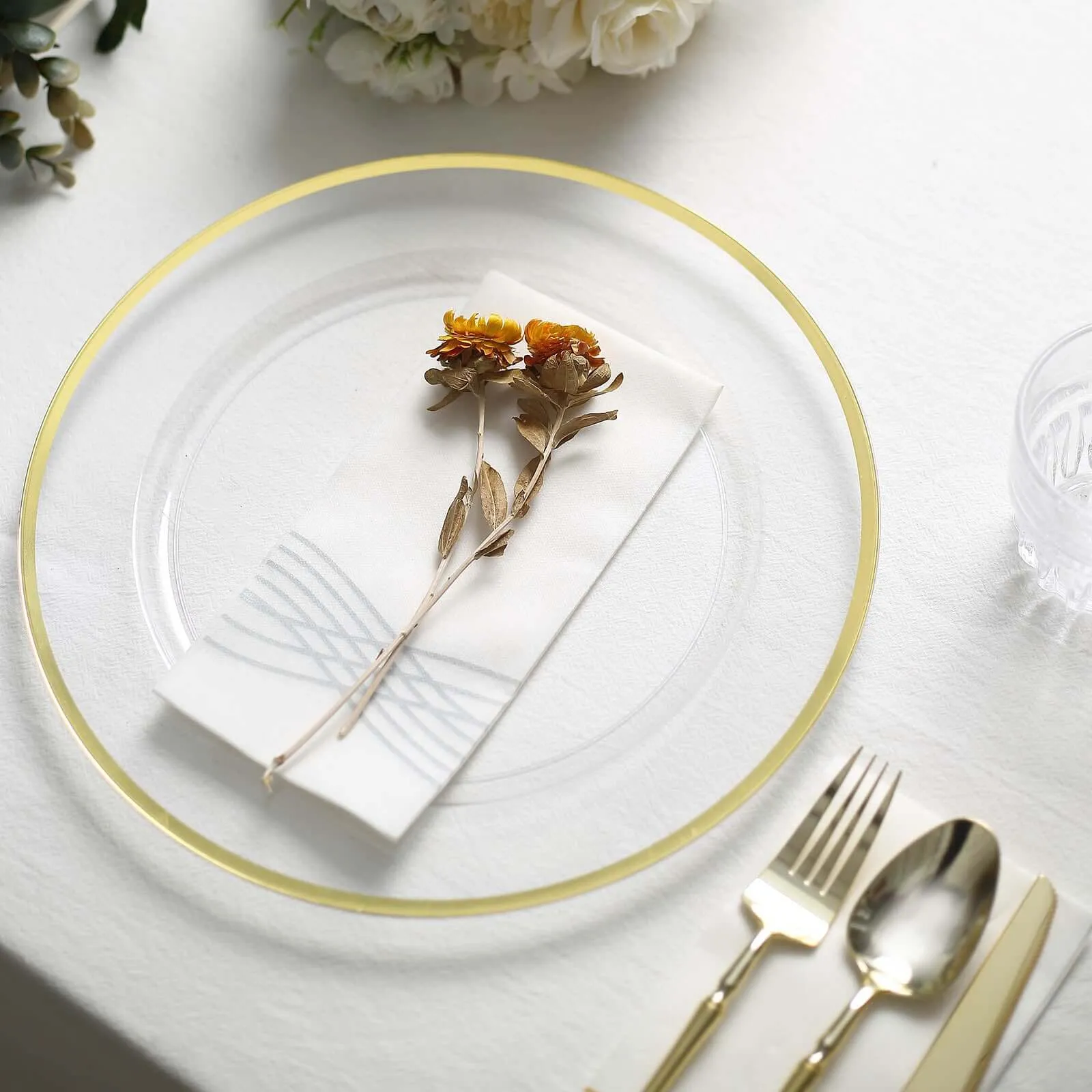 10 Pack Clear Economy Plastic Charger Plates With Gold Rim, 12" Round Dinner Chargers Event Tabletop Decor