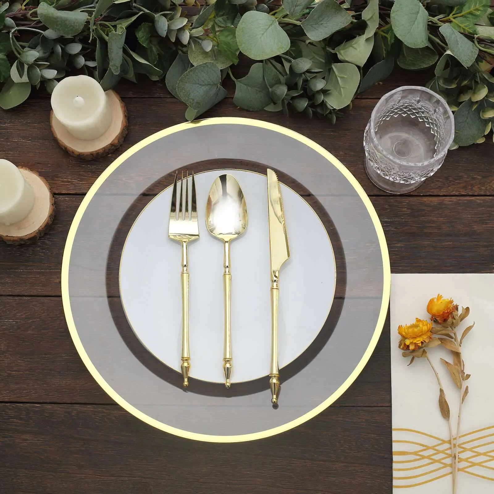 10 Pack Clear Economy Plastic Charger Plates With Gold Rim, 12" Round Dinner Chargers Event Tabletop Decor