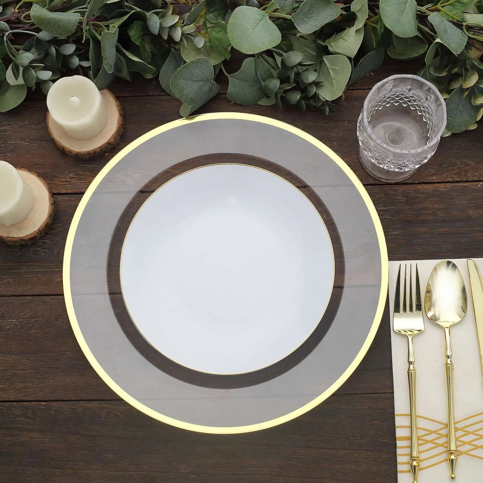 10 Pack Clear Economy Plastic Charger Plates With Gold Rim, 12" Round Dinner Chargers Event Tabletop Decor