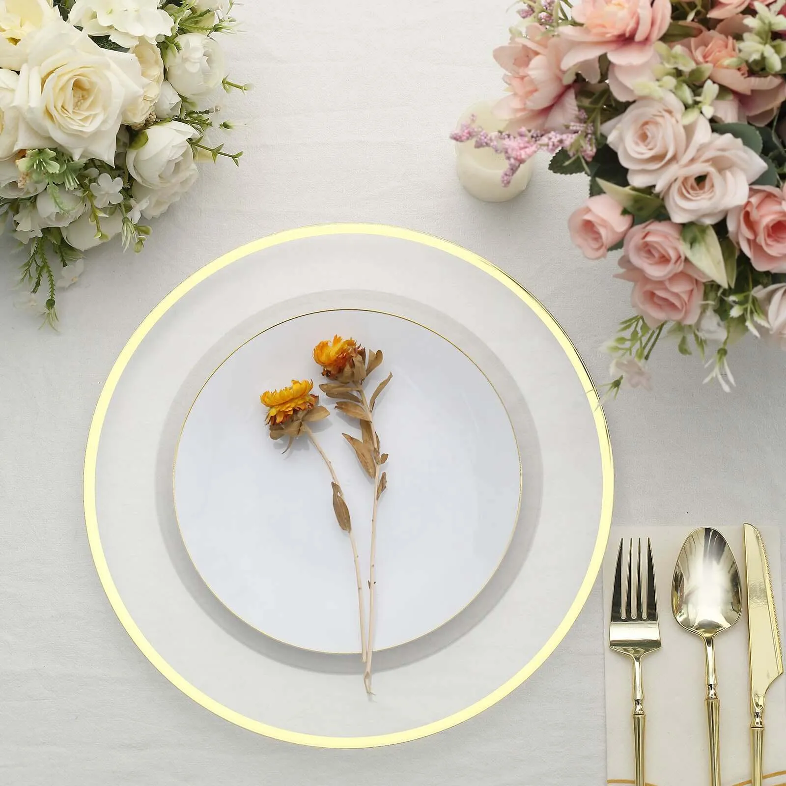 10 Pack Clear Economy Plastic Charger Plates With Gold Rim, 12" Round Dinner Chargers Event Tabletop Decor