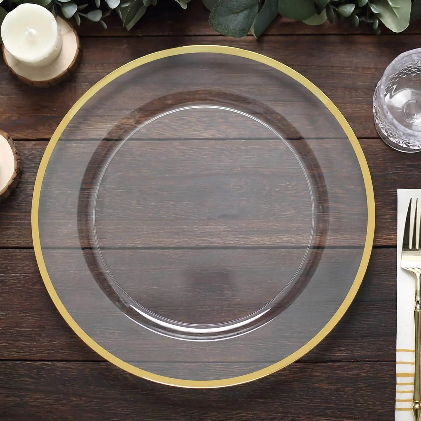 10 Pack Clear Economy Plastic Charger Plates With Gold Rim, 12" Round Dinner Chargers Event Tabletop Decor