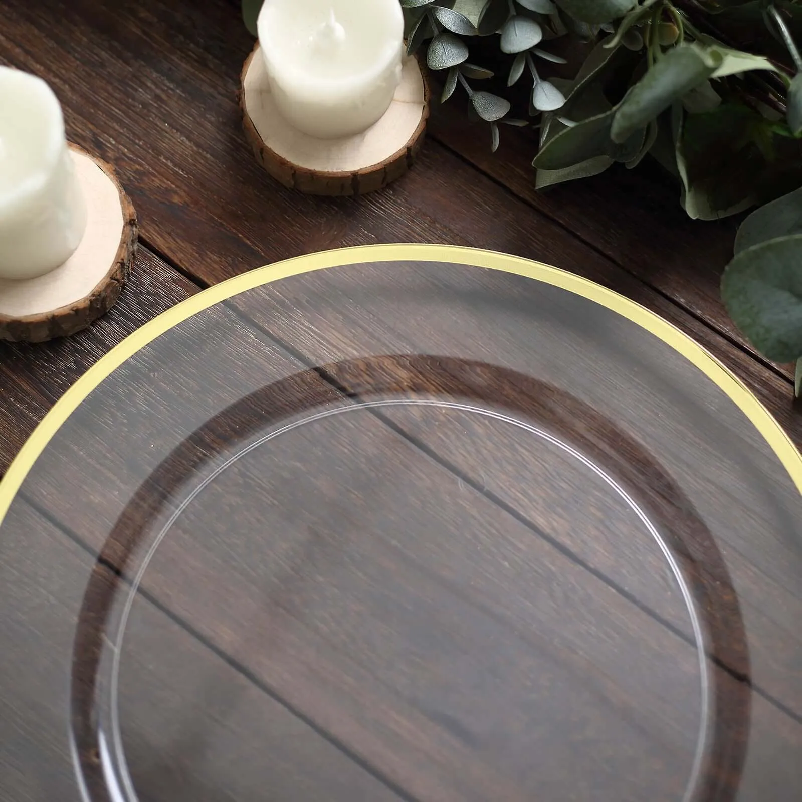 10 Pack Clear Economy Plastic Charger Plates With Gold Rim, 12" Round Dinner Chargers Event Tabletop Decor
