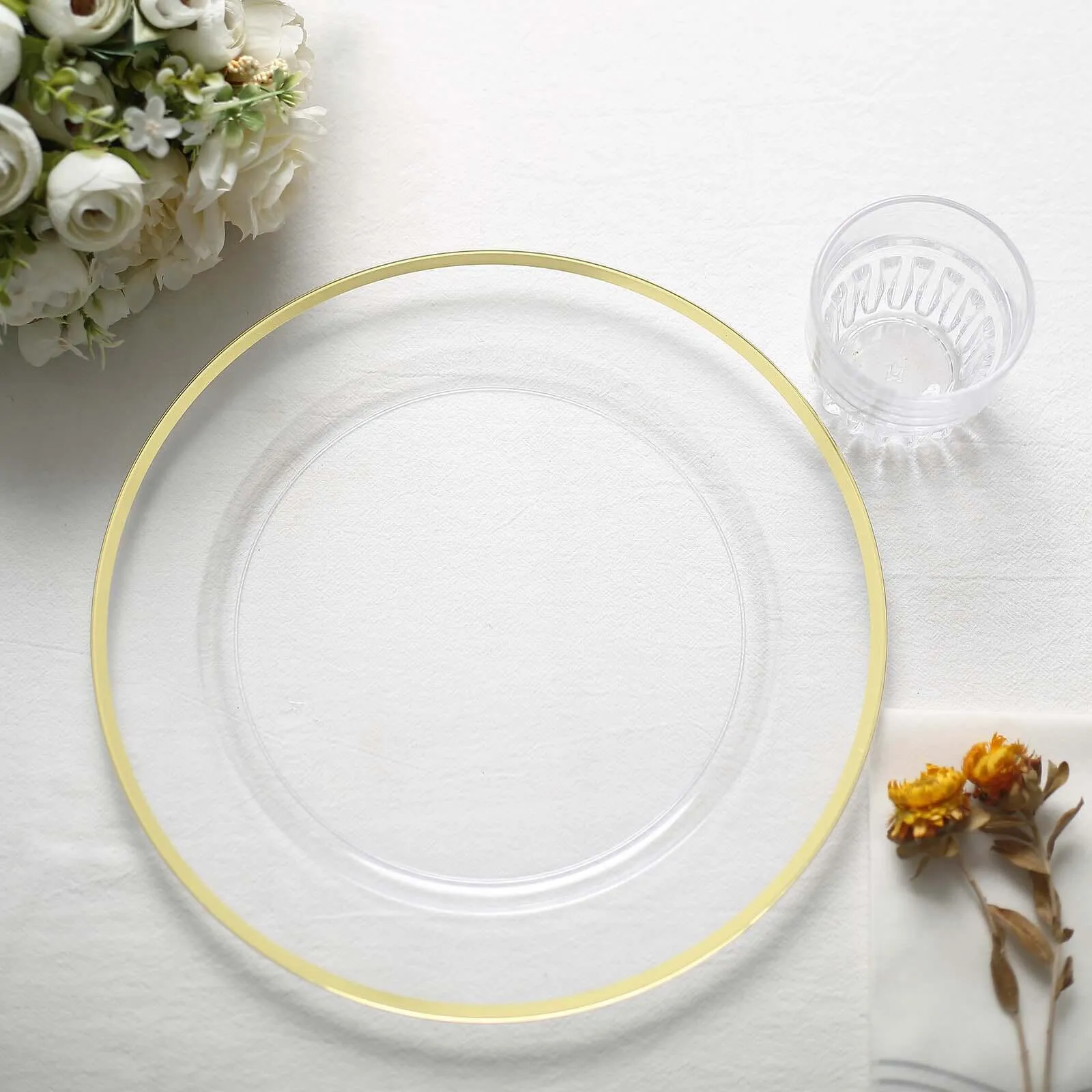 10 Pack Clear Economy Plastic Charger Plates With Gold Rim, 12" Round Dinner Chargers Event Tabletop Decor