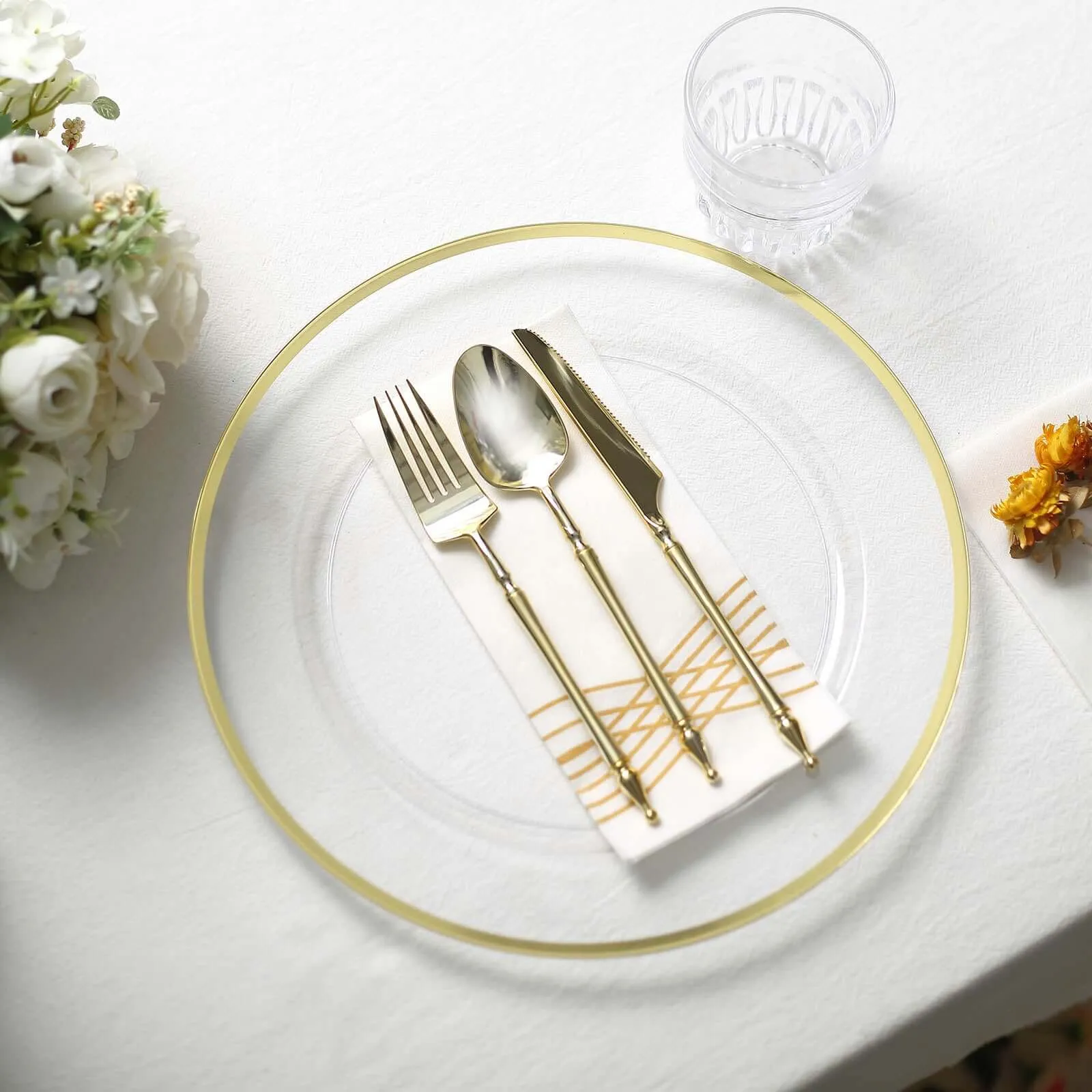 10 Pack Clear Economy Plastic Charger Plates With Gold Rim, 12" Round Dinner Chargers Event Tabletop Decor