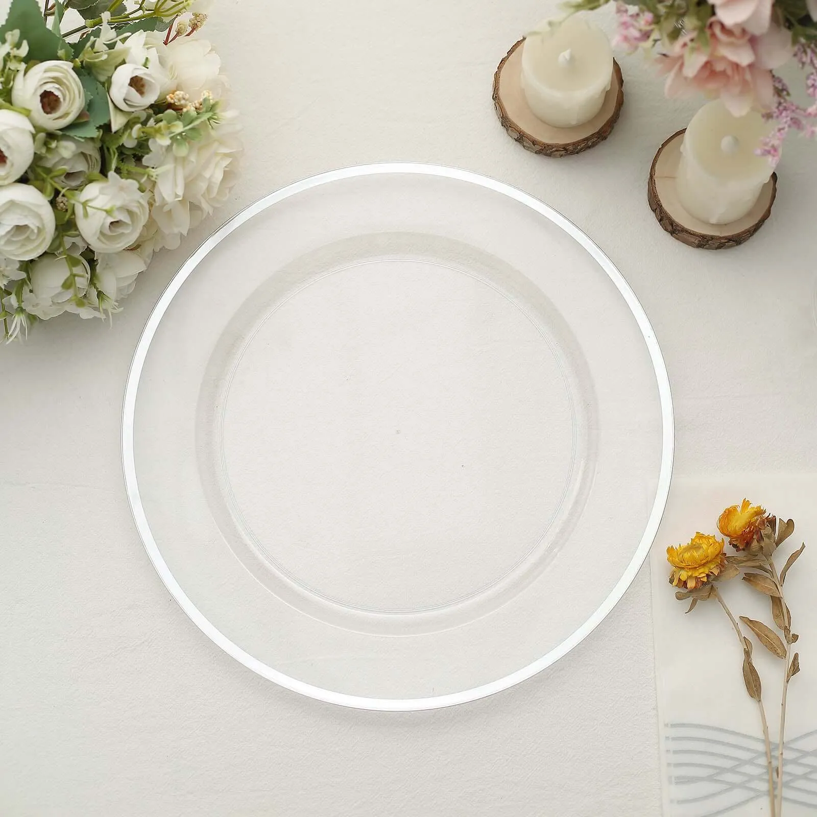 10 Pack Clear Economy Plastic Charger Plates With Silver Rim, 12" Round Dinner Chargers Event Tabletop Decor