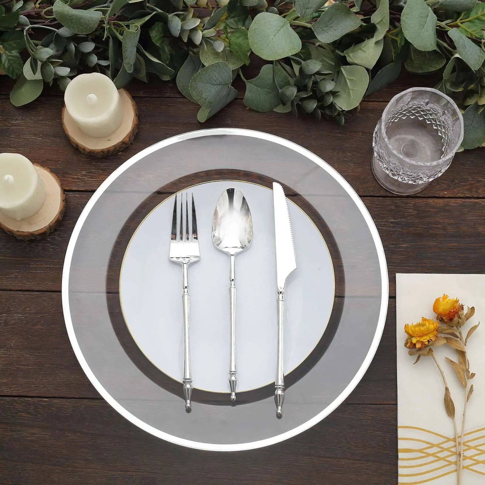 10 Pack Clear Economy Plastic Charger Plates With Silver Rim, 12" Round Dinner Chargers Event Tabletop Decor