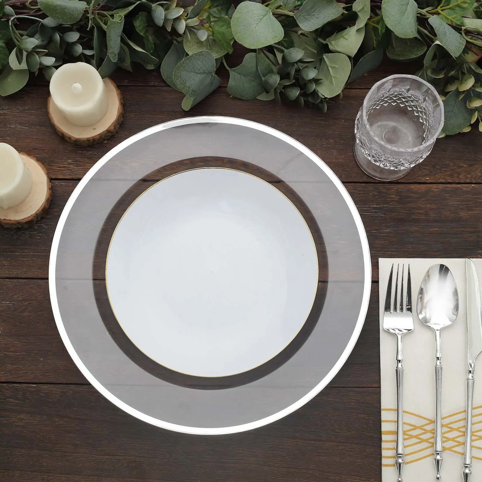 10 Pack Clear Economy Plastic Charger Plates With Silver Rim, 12" Round Dinner Chargers Event Tabletop Decor