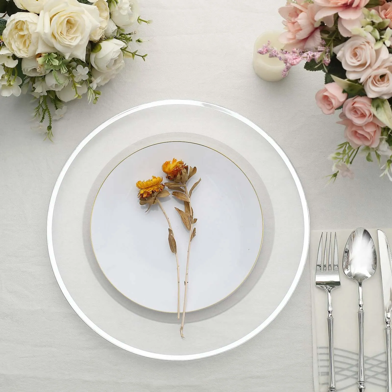 10 Pack Clear Economy Plastic Charger Plates With Silver Rim, 12" Round Dinner Chargers Event Tabletop Decor