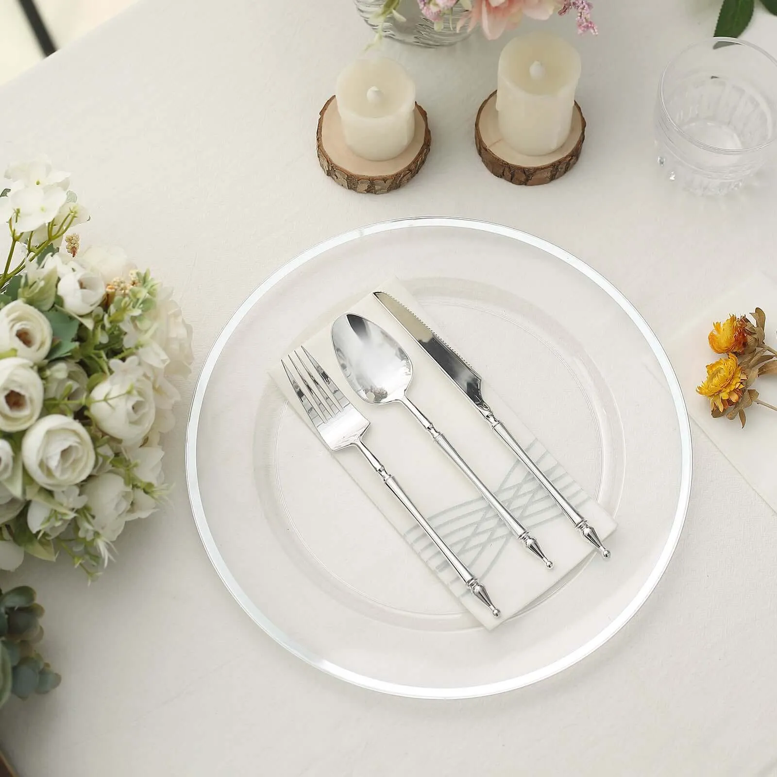 10 Pack Clear Economy Plastic Charger Plates With Silver Rim, 12" Round Dinner Chargers Event Tabletop Decor
