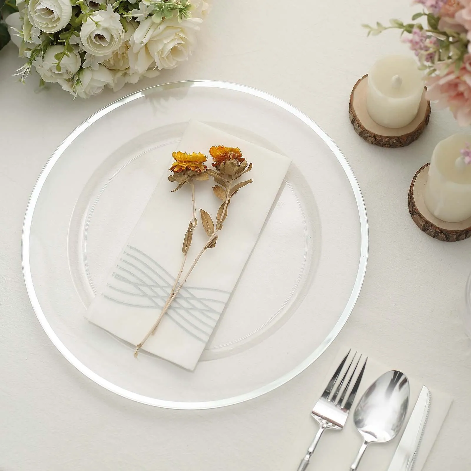 10 Pack Clear Economy Plastic Charger Plates With Silver Rim, 12" Round Dinner Chargers Event Tabletop Decor