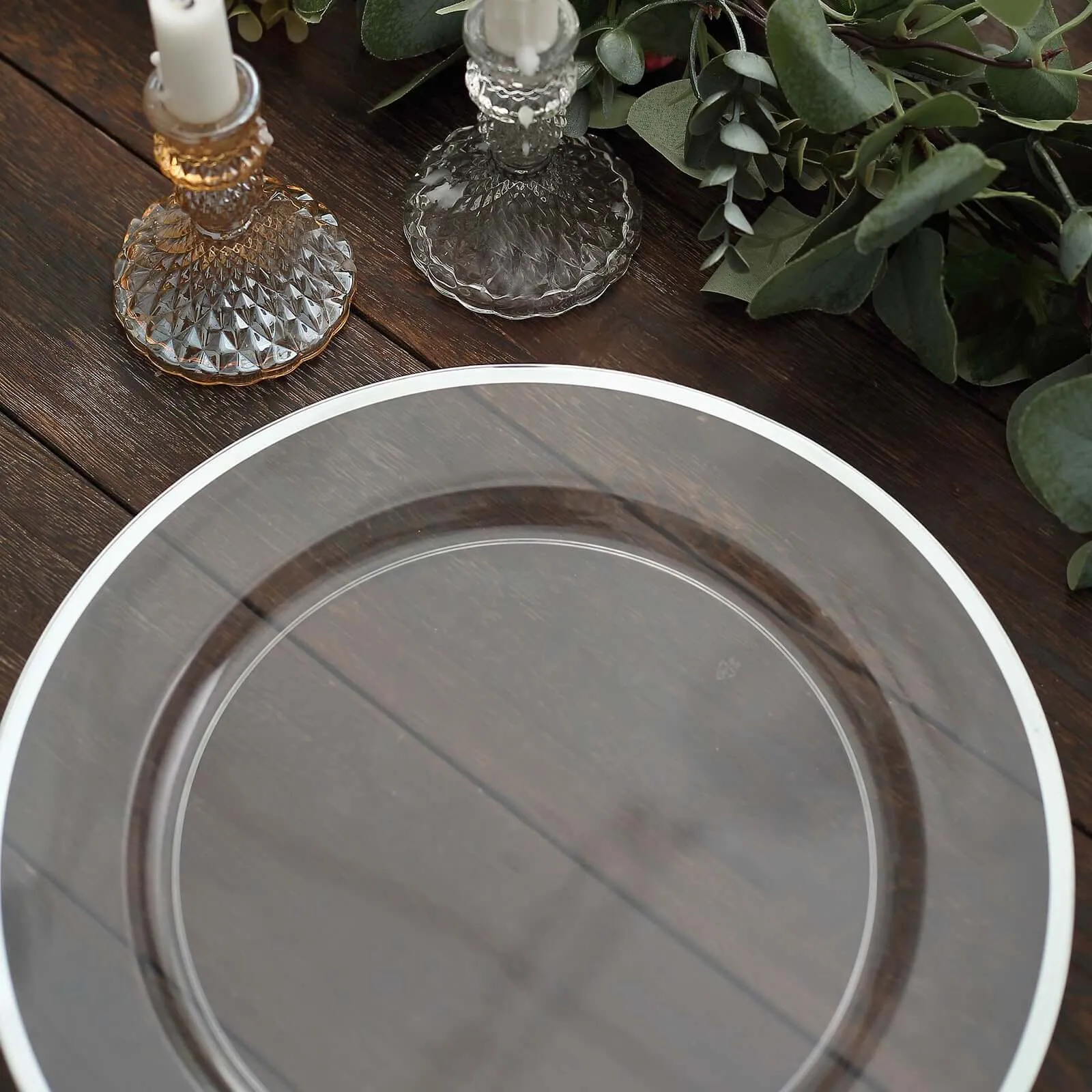 10 Pack Clear Economy Plastic Charger Plates With Silver Rim, 12" Round Dinner Chargers Event Tabletop Decor