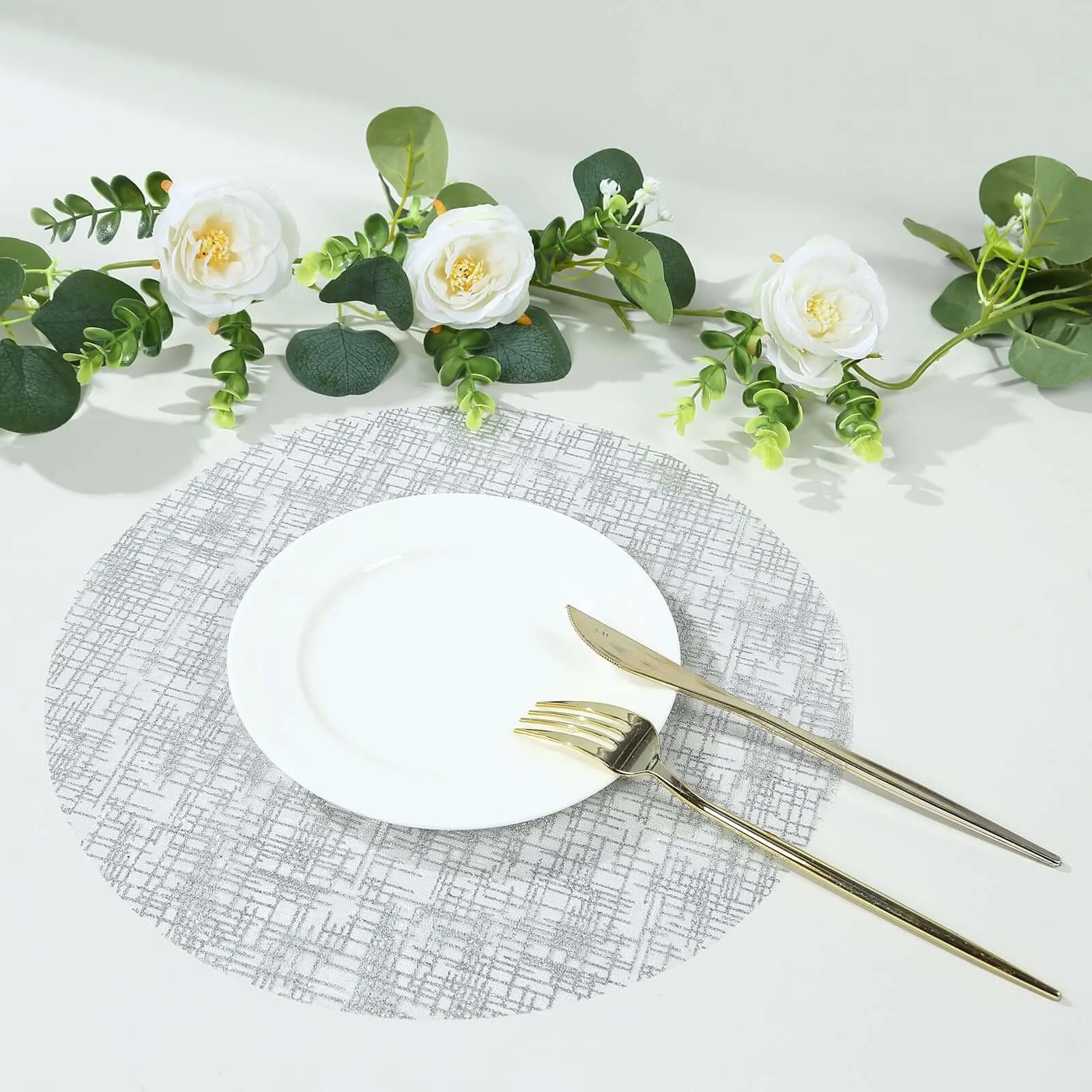 10 Pack Metallic Silver Glitter Mesh Round Table Mats, 13" Polyester Dining Placemats