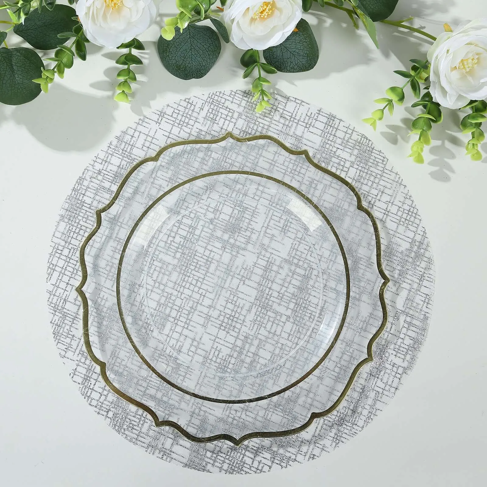 10 Pack Metallic Silver Glitter Mesh Round Table Mats, 13" Polyester Dining Placemats