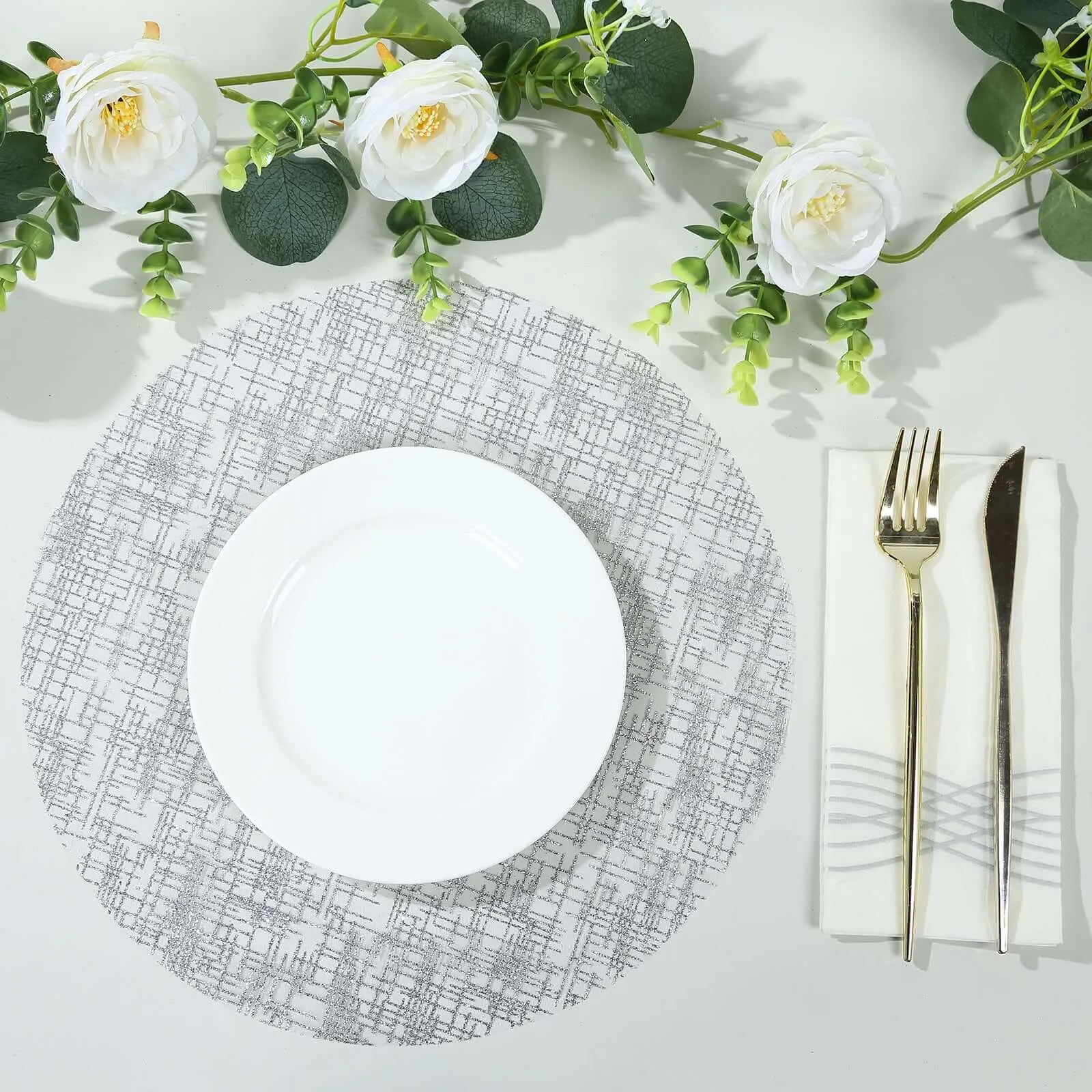 10 Pack Metallic Silver Glitter Mesh Round Table Mats, 13" Polyester Dining Placemats
