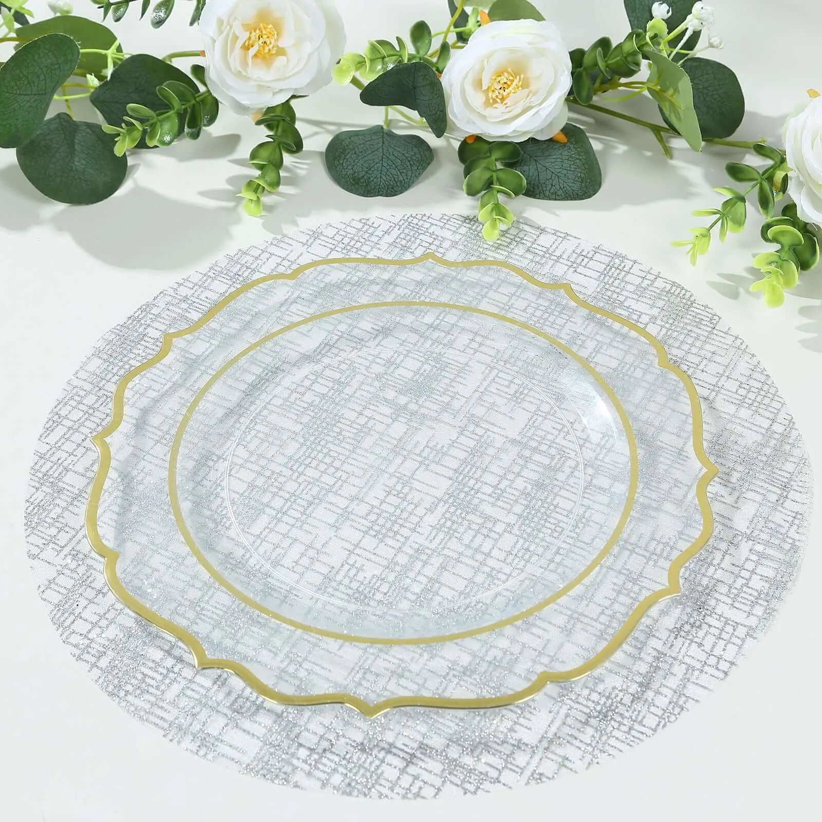 10 Pack Metallic Silver Glitter Mesh Round Table Mats, 13" Polyester Dining Placemats