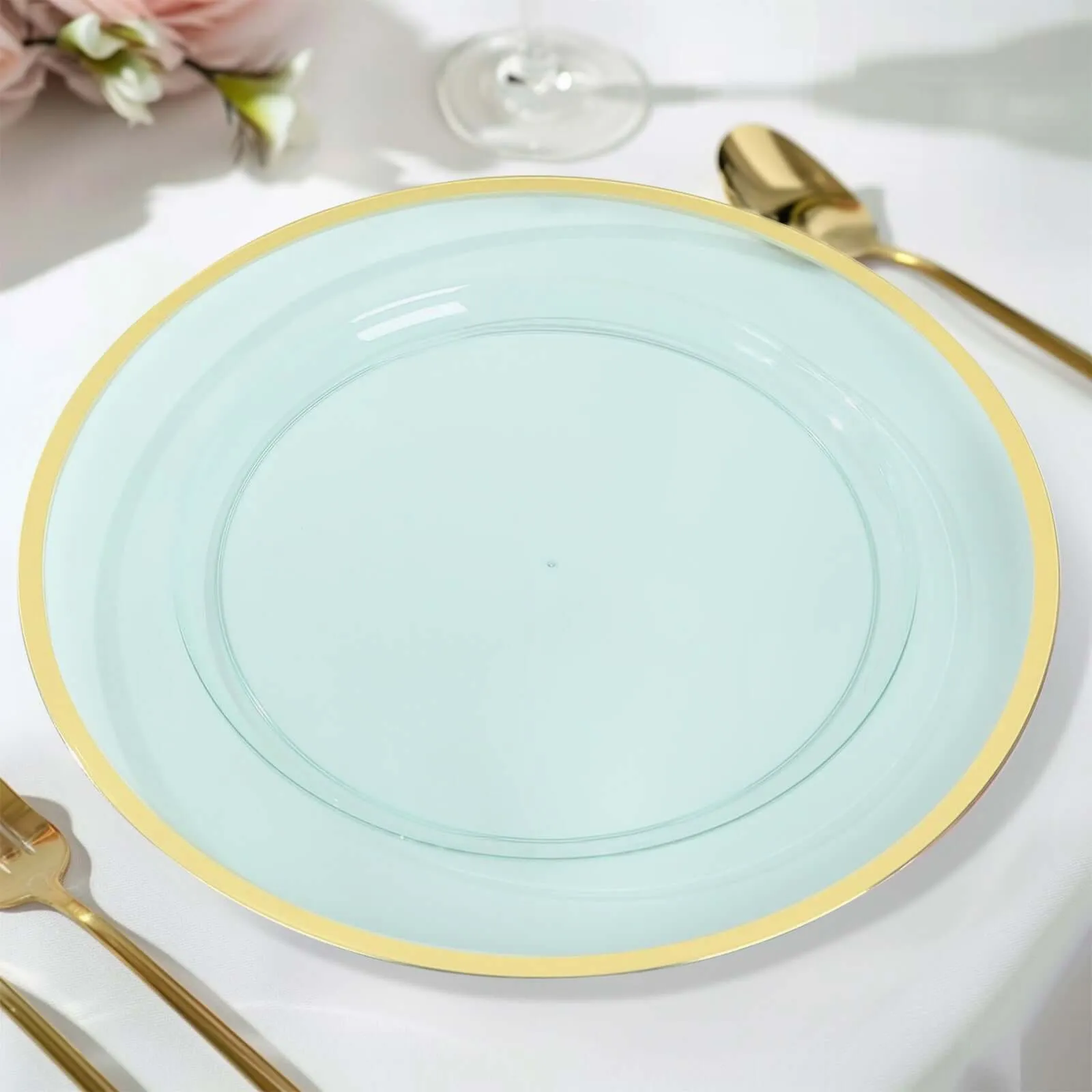 10 Pack Transparent Blue Economy Plastic Charger Plates With Gold Rim, 12" Round Dinner Chargers Event Tabletop Decor