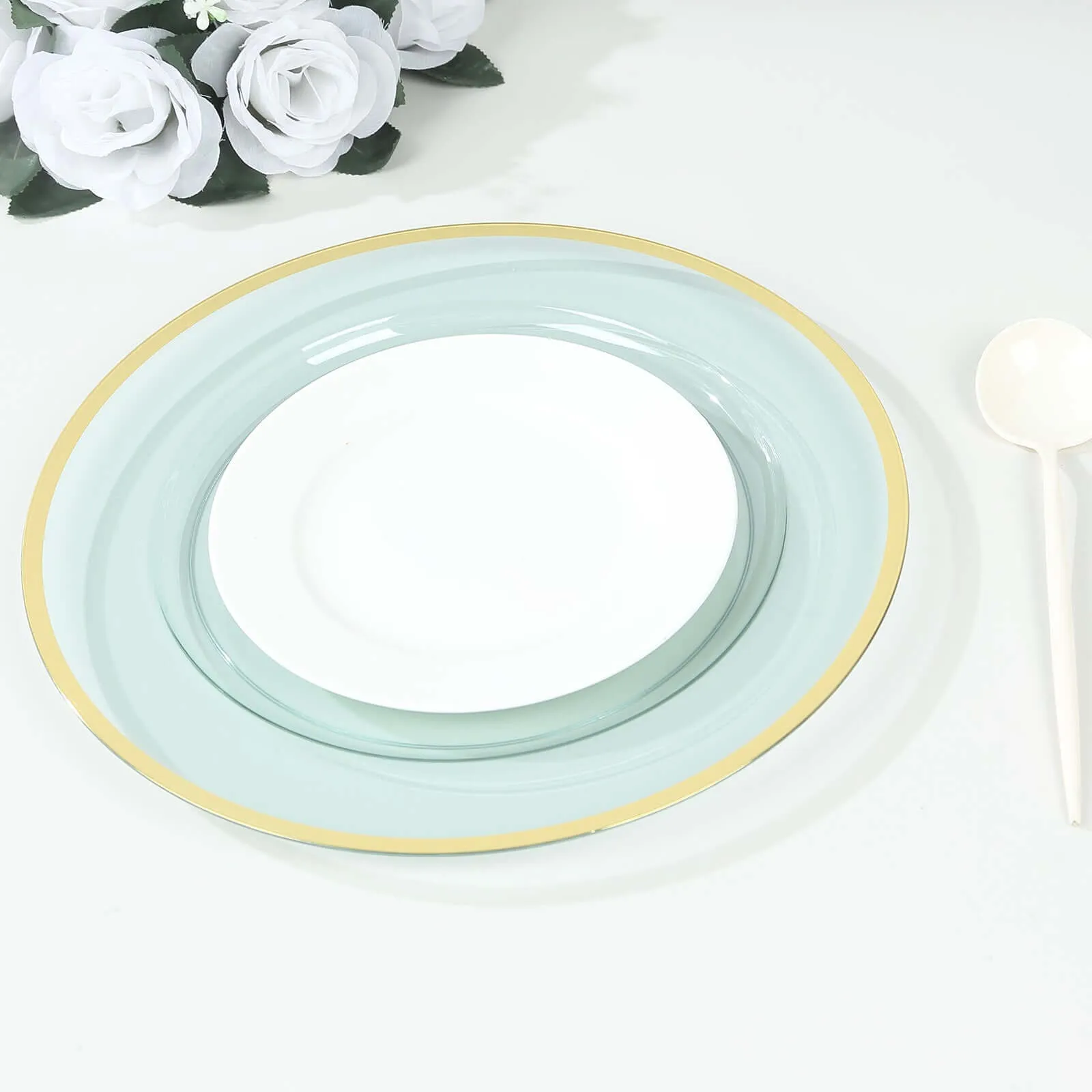 10 Pack Transparent Blue Economy Plastic Charger Plates With Gold Rim, 12" Round Dinner Chargers Event Tabletop Decor