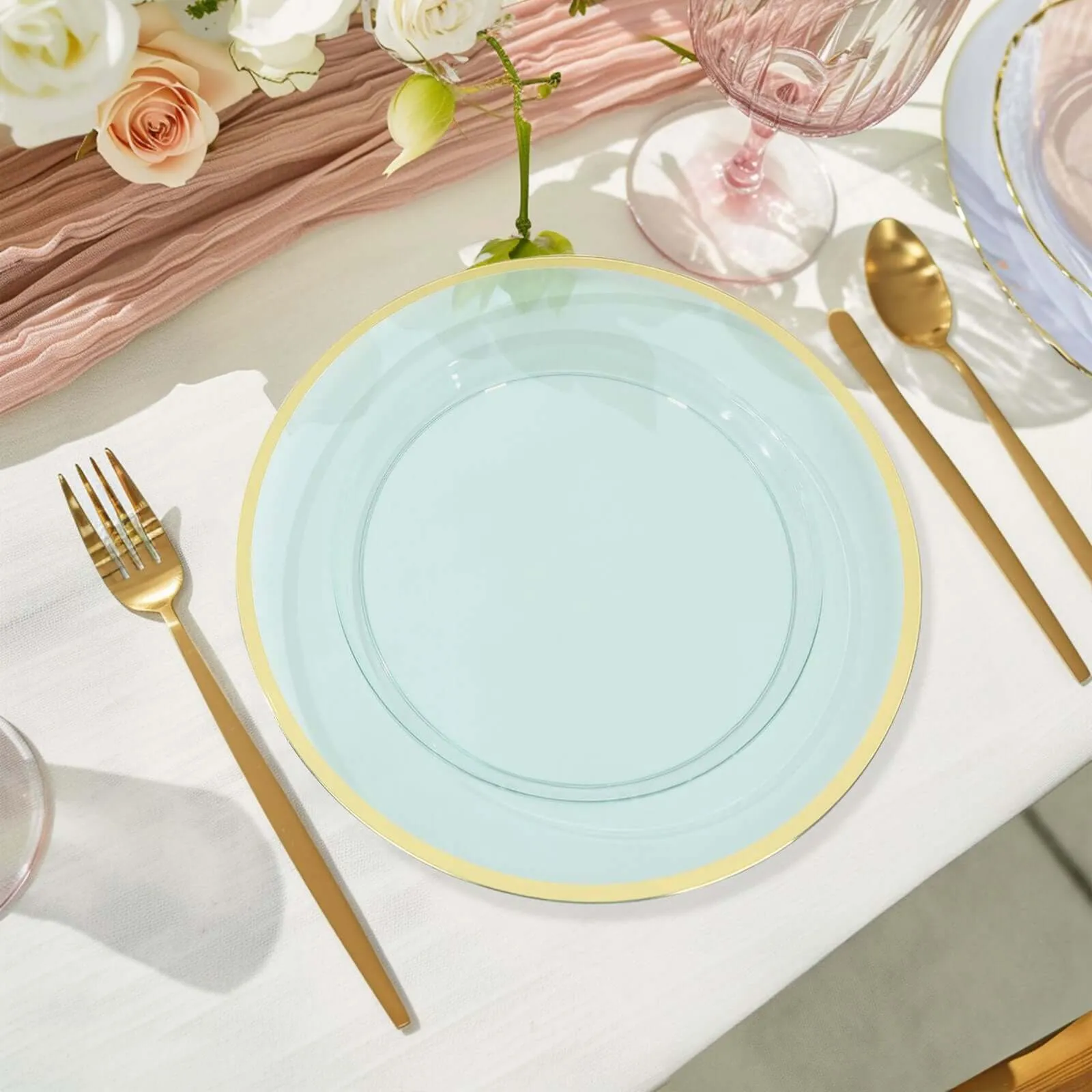 10 Pack Transparent Blue Economy Plastic Charger Plates With Gold Rim, 12" Round Dinner Chargers Event Tabletop Decor