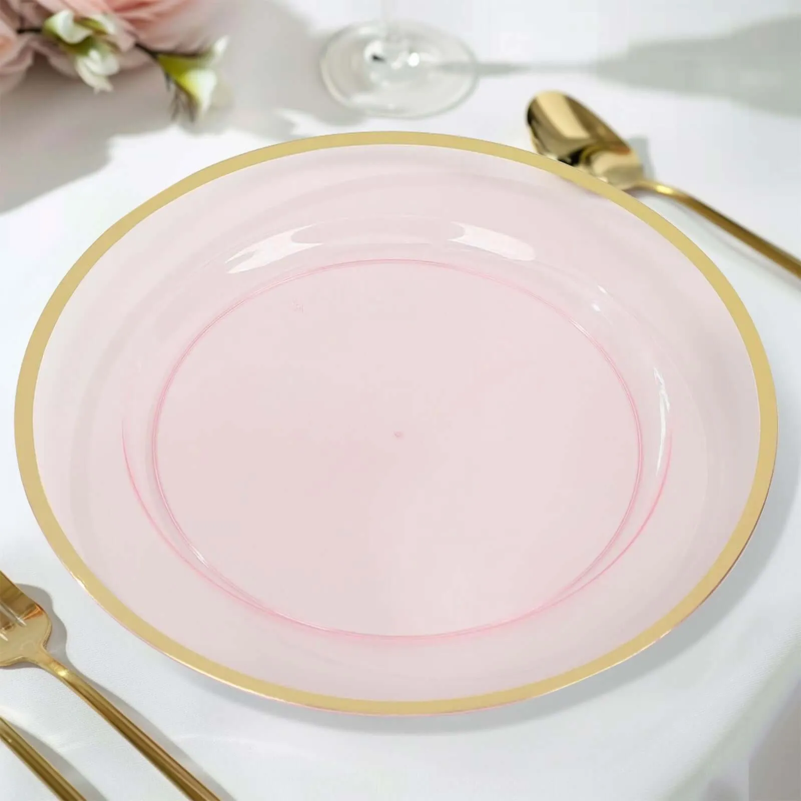 10 Pack Transparent Blush Economy Plastic Charger Plates With Gold Rim, 12" Round Dinner Chargers Event Tabletop Decor