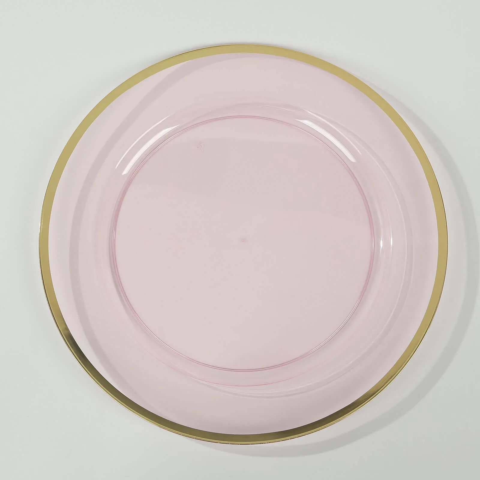 10 Pack Transparent Blush Economy Plastic Charger Plates With Gold Rim, 12" Round Dinner Chargers Event Tabletop Decor