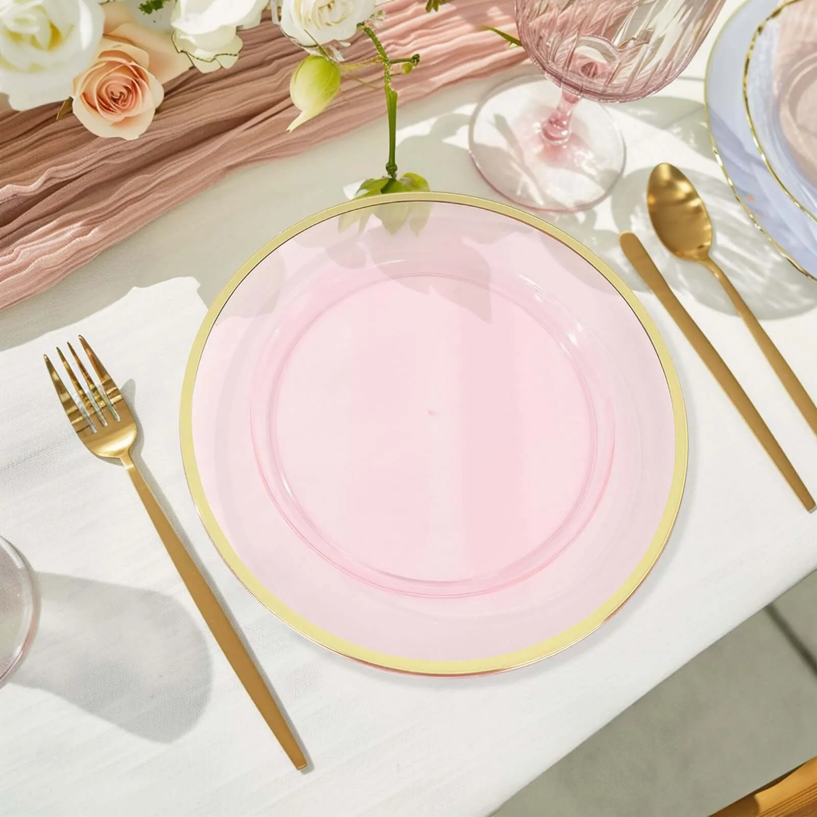 10 Pack Transparent Blush Economy Plastic Charger Plates With Gold Rim, 12" Round Dinner Chargers Event Tabletop Decor