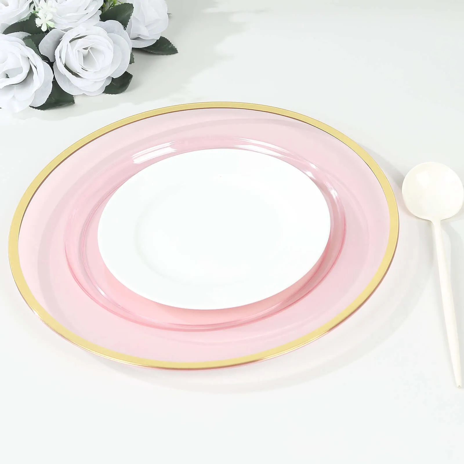 10 Pack Transparent Blush Economy Plastic Charger Plates With Gold Rim, 12" Round Dinner Chargers Event Tabletop Decor