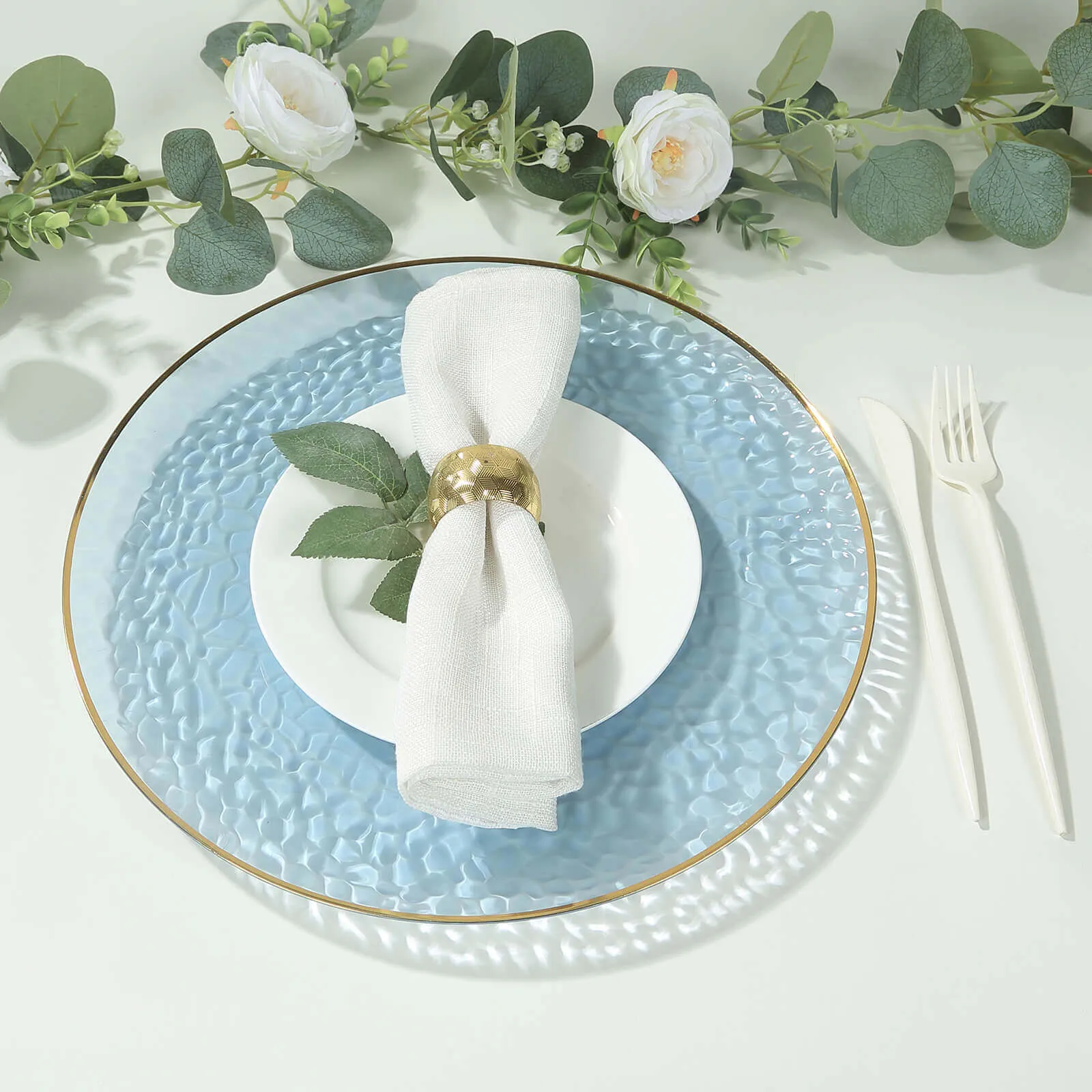 10 Pack Transparent Dusty Blue Hammered Economy Plastic Charger Plates With Gold Rim, 13" Round Dinner Chargers Event Tabletop Decor