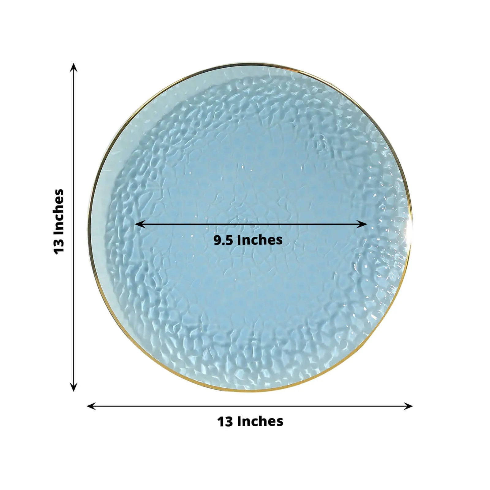 10 Pack Transparent Dusty Blue Hammered Economy Plastic Charger Plates With Gold Rim, 13" Round Dinner Chargers Event Tabletop Decor