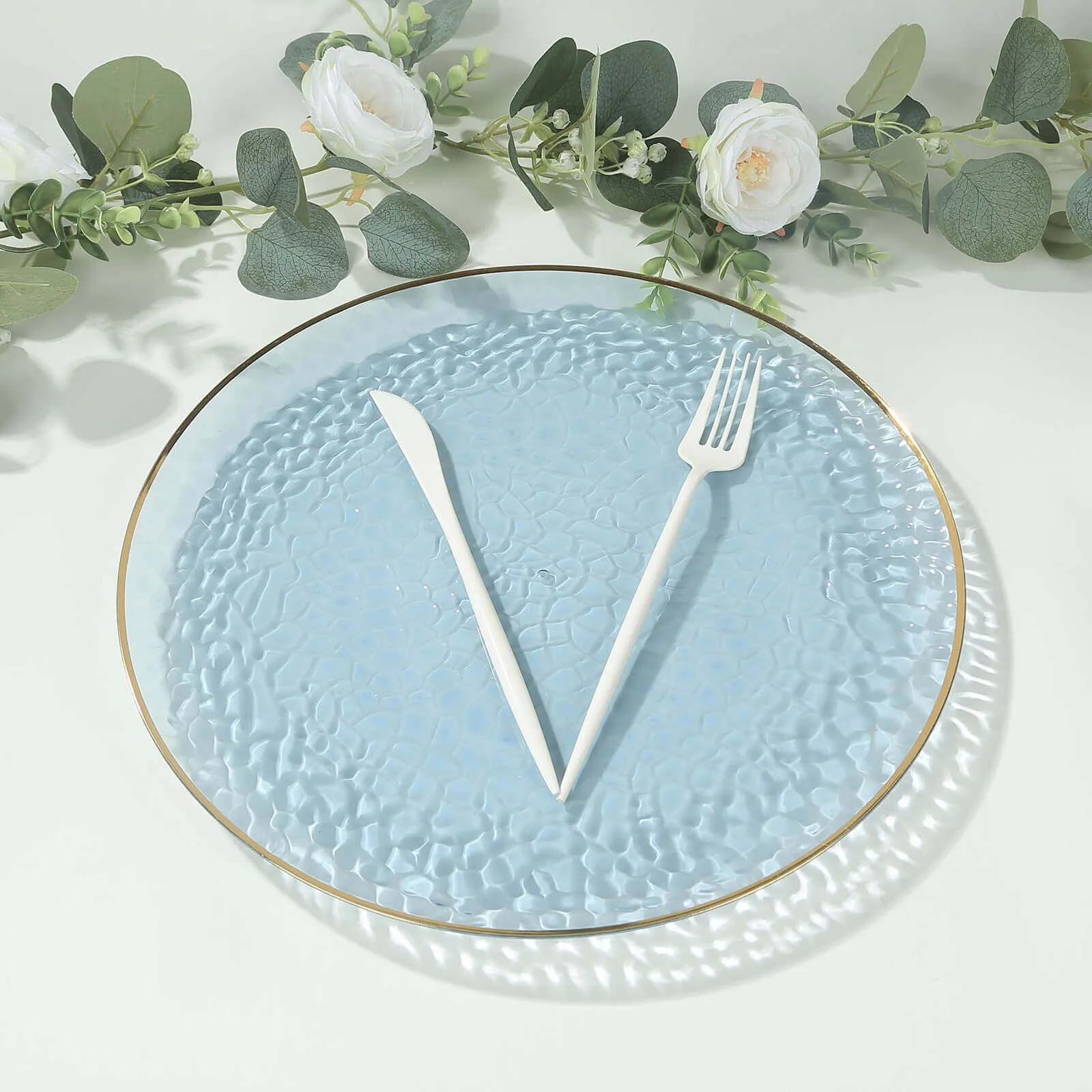 10 Pack Transparent Dusty Blue Hammered Economy Plastic Charger Plates With Gold Rim, 13" Round Dinner Chargers Event Tabletop Decor
