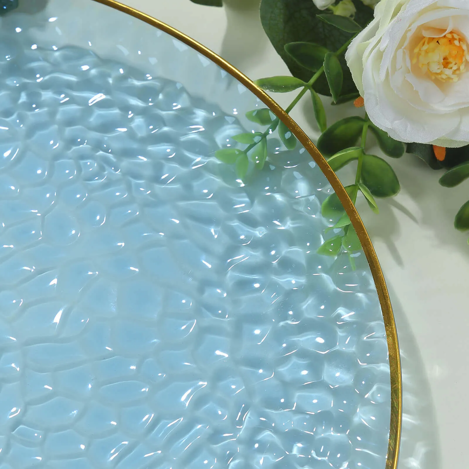 10 Pack Transparent Dusty Blue Hammered Economy Plastic Charger Plates With Gold Rim, 13" Round Dinner Chargers Event Tabletop Decor