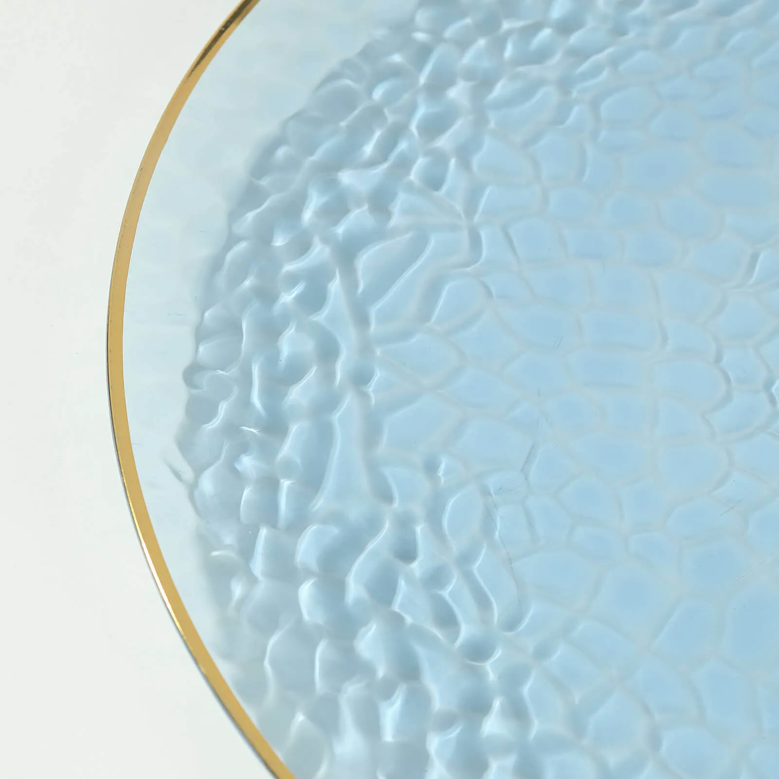 10 Pack Transparent Dusty Blue Hammered Economy Plastic Charger Plates With Gold Rim, 13" Round Dinner Chargers Event Tabletop Decor
