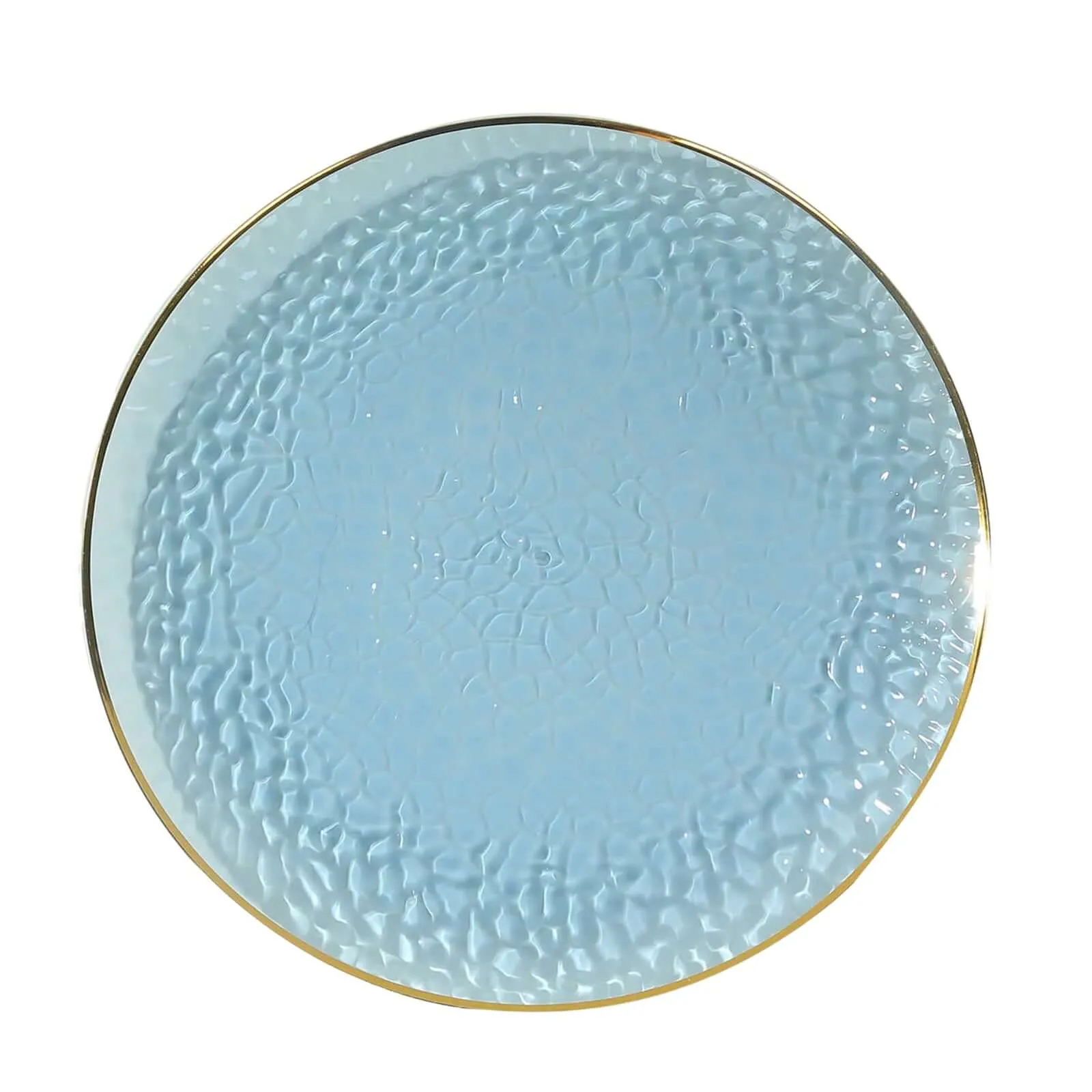 10 Pack Transparent Dusty Blue Hammered Economy Plastic Charger Plates With Gold Rim, 13" Round Dinner Chargers Event Tabletop Decor