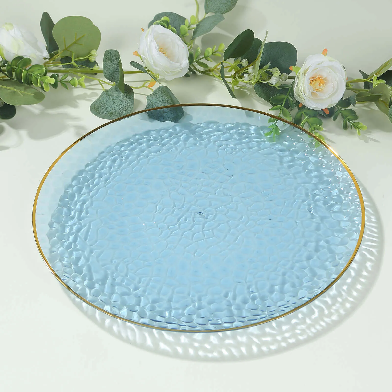 10 Pack Transparent Dusty Blue Hammered Economy Plastic Charger Plates With Gold Rim, 13" Round Dinner Chargers Event Tabletop Decor