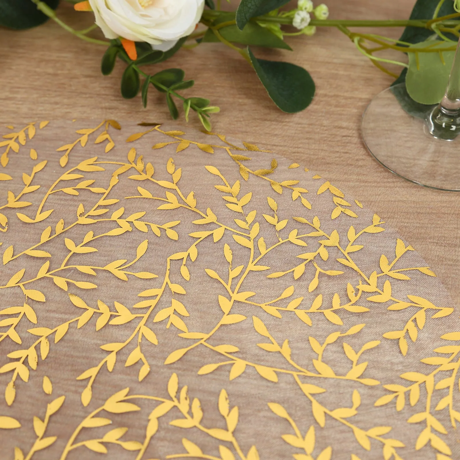 10 Pack White Mesh Organza Dining Table Mats with Gold Foil Leaf Vines, Floral Round Placemats - 13"