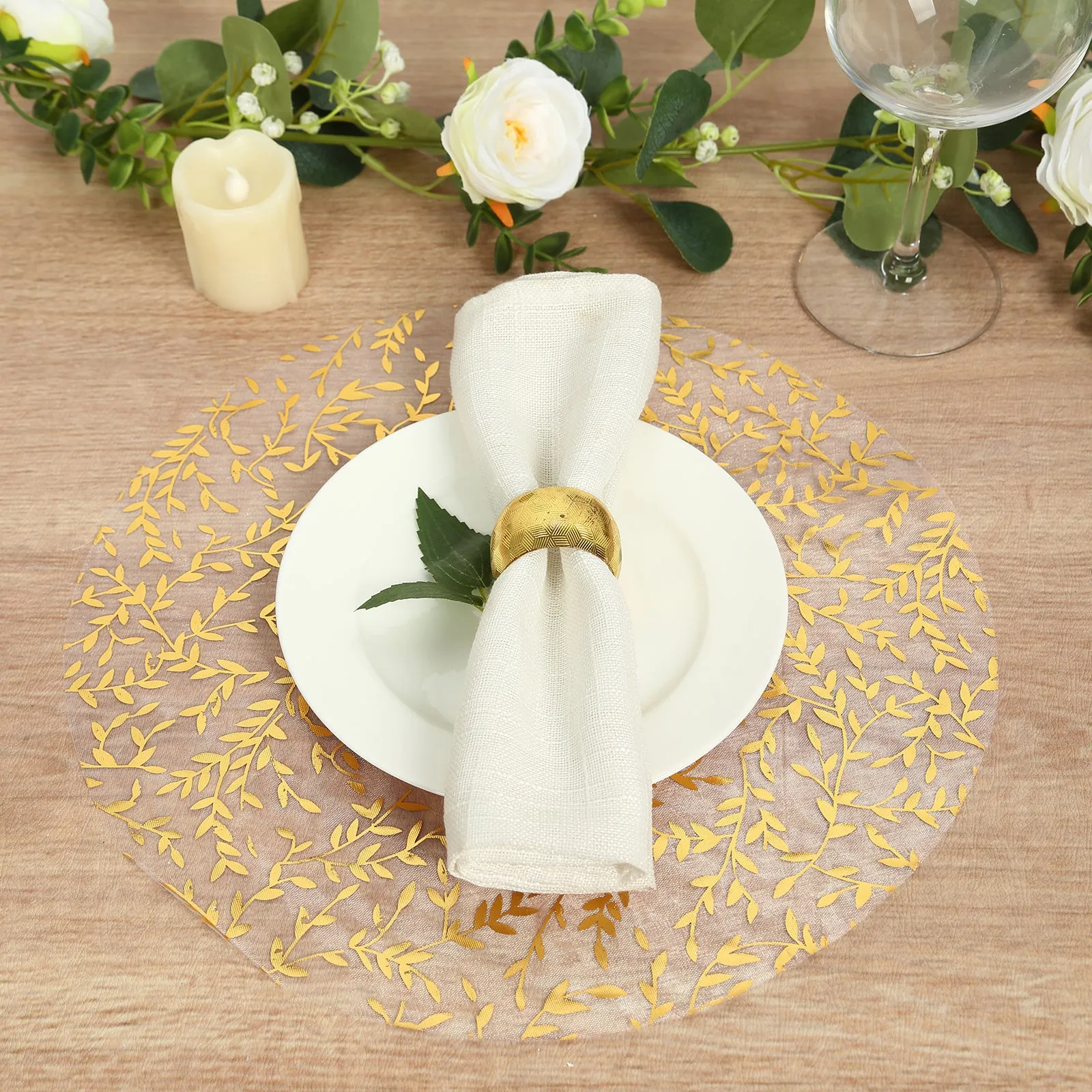 10 Pack White Mesh Organza Dining Table Mats with Gold Foil Leaf Vines, Floral Round Placemats - 13"