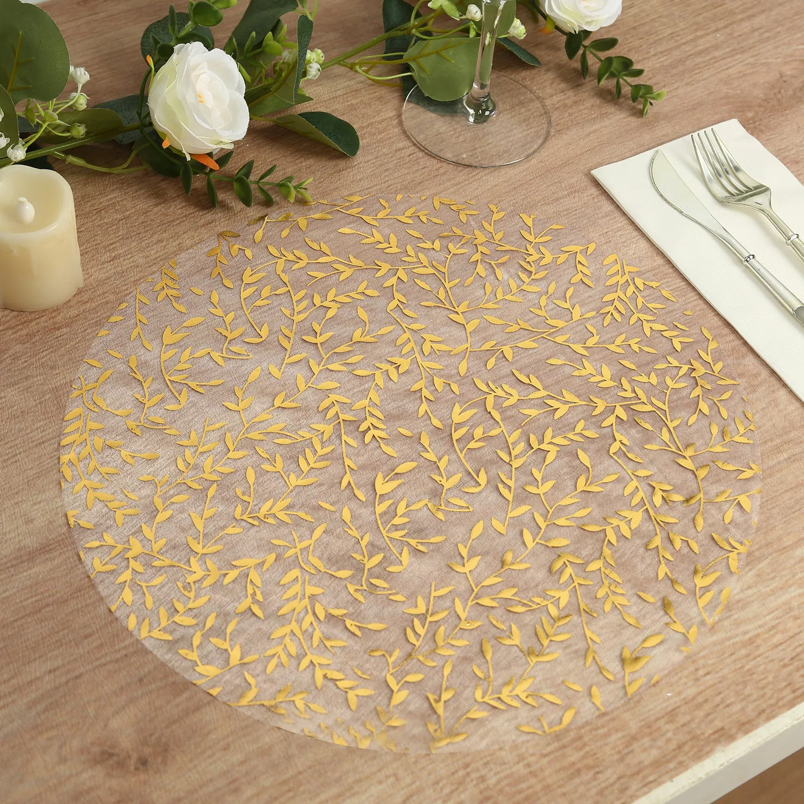 10 Pack White Mesh Organza Dining Table Mats with Gold Foil Leaf Vines, Floral Round Placemats - 13"