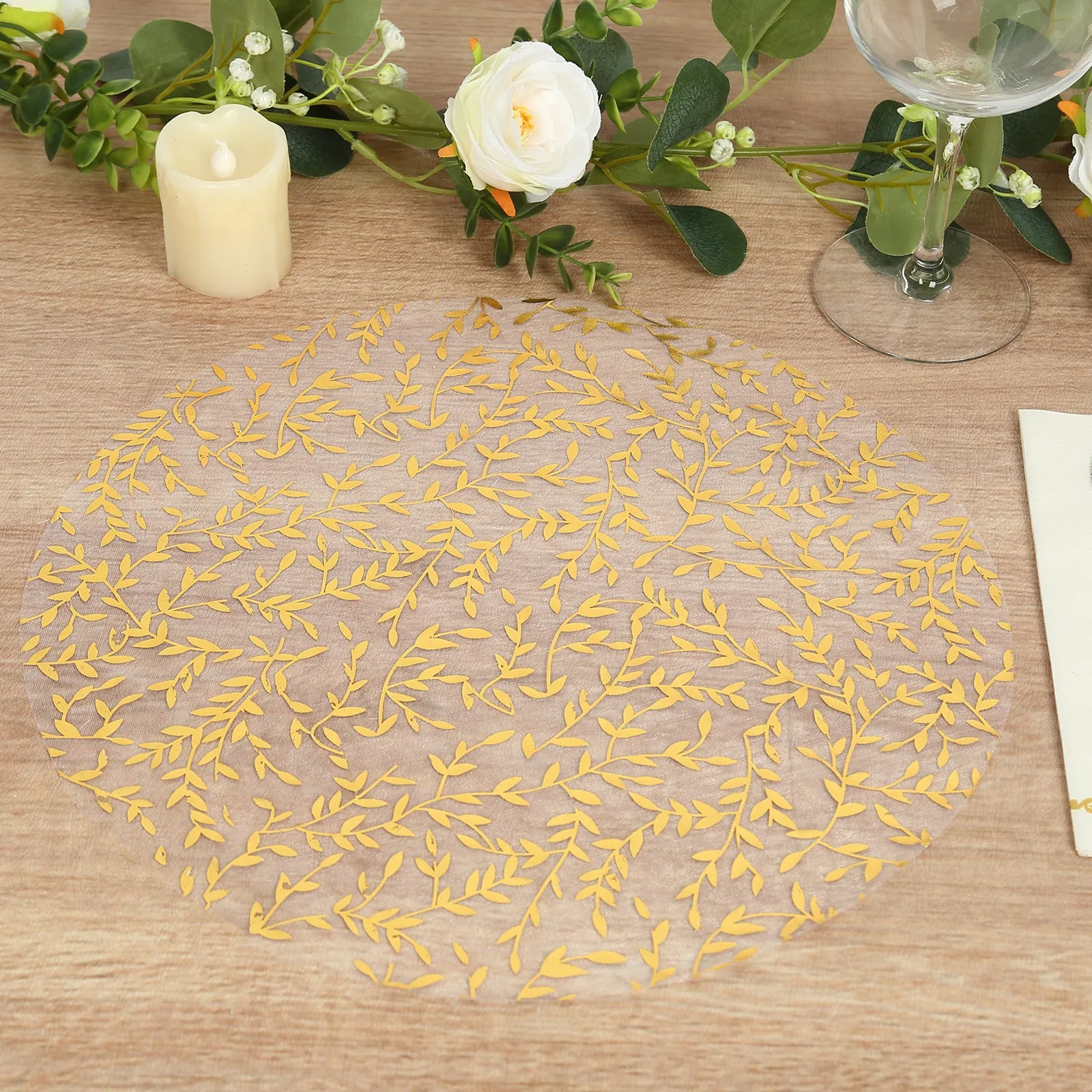 10 Pack White Mesh Organza Dining Table Mats with Gold Foil Leaf Vines, Floral Round Placemats - 13"