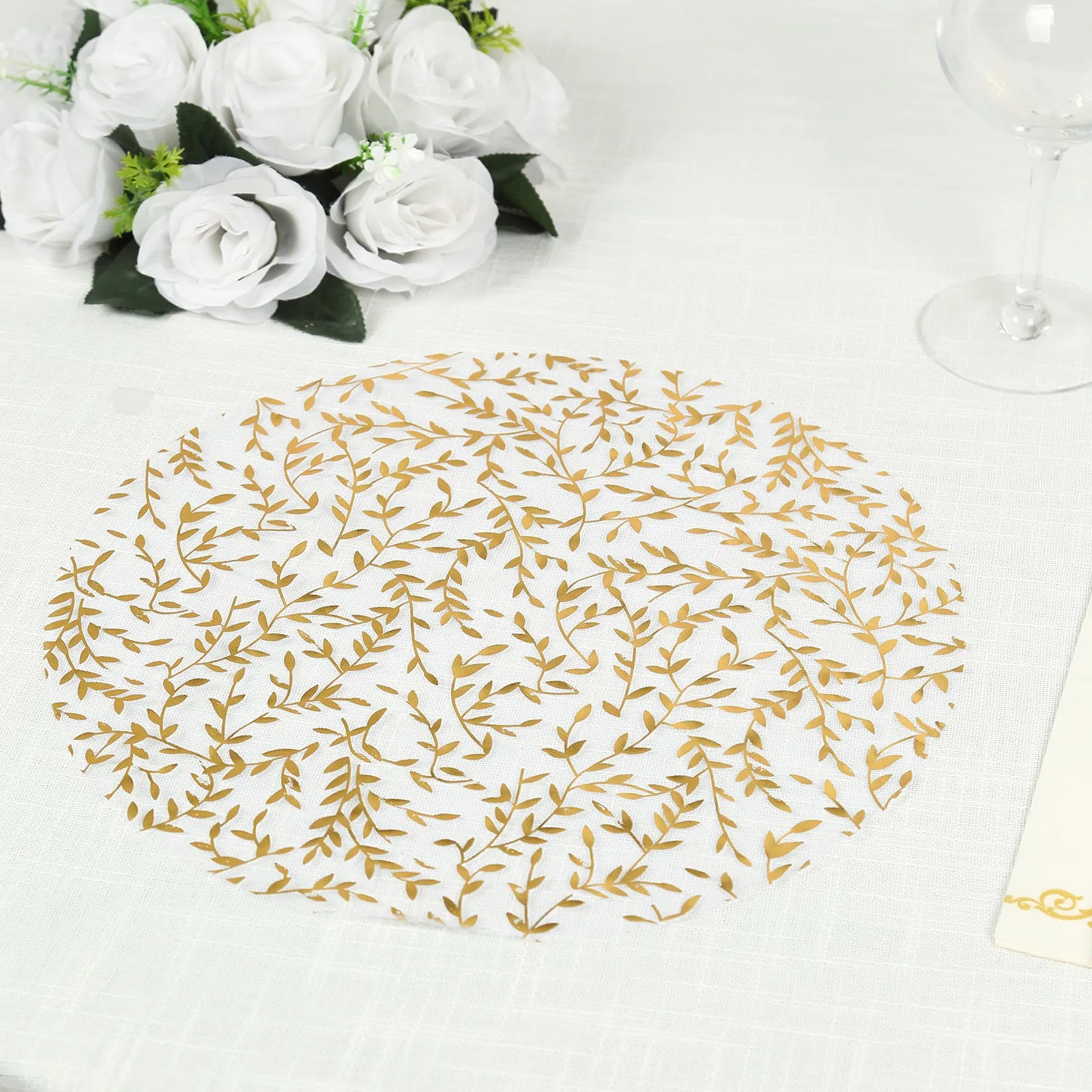 10 Pack White Mesh Organza Dining Table Mats with Gold Foil Leaf Vines, Floral Round Placemats - 13"
