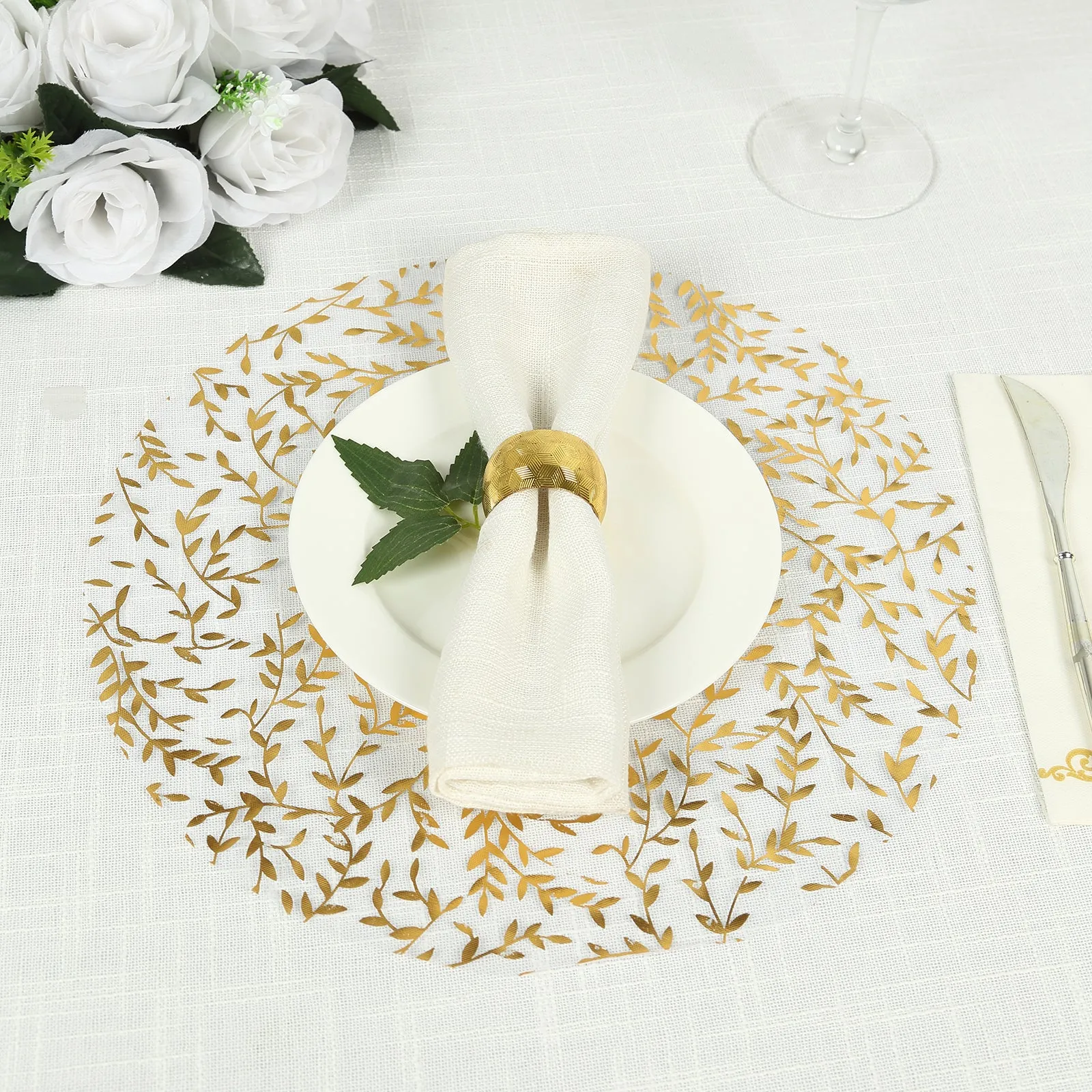 10 Pack White Mesh Organza Dining Table Mats with Gold Foil Leaf Vines, Floral Round Placemats - 13"