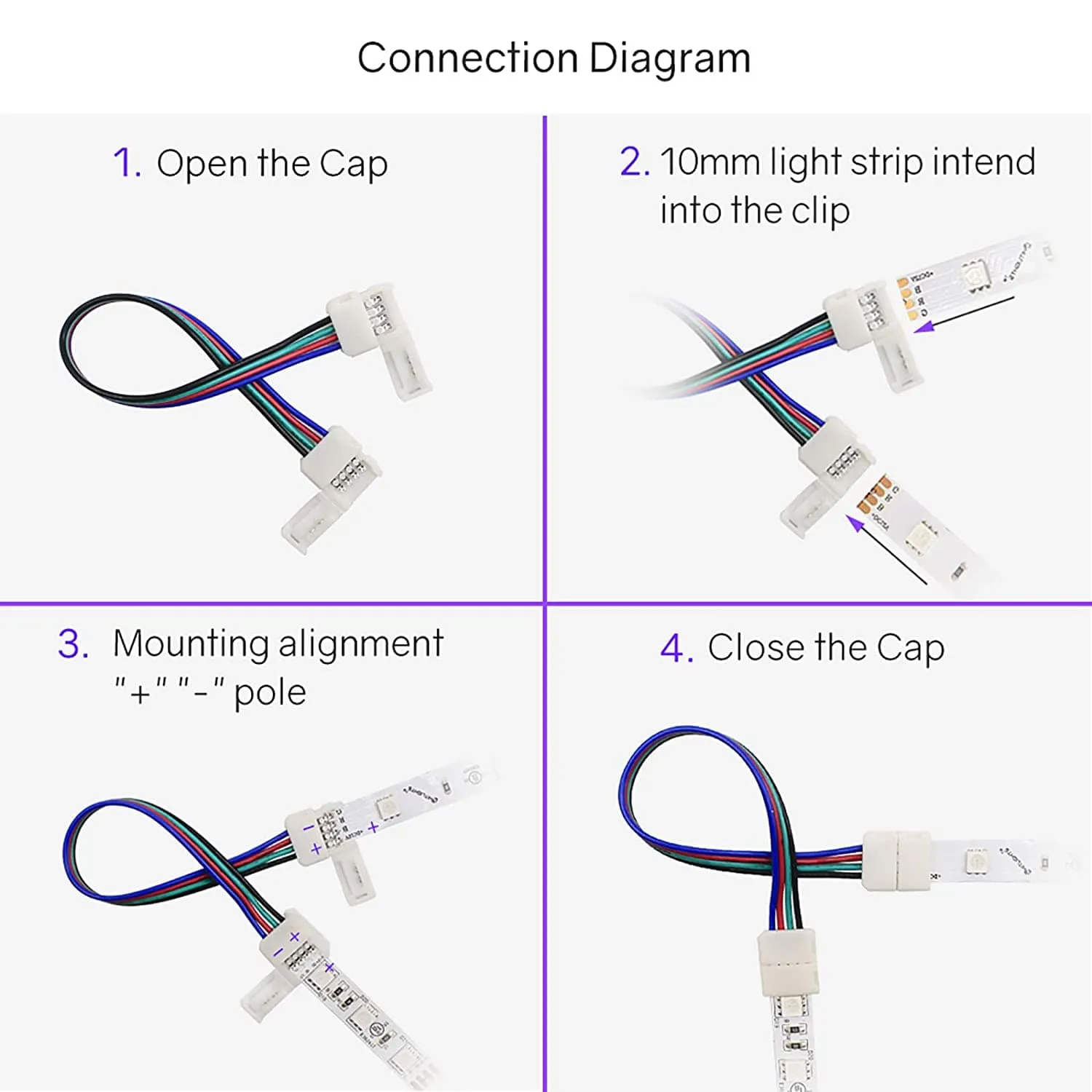 10mm (5050) Solderless LED Light Strip Connectors and Extensions : RGB Multicolor - 6 Inch Any Angle (4 Pack)