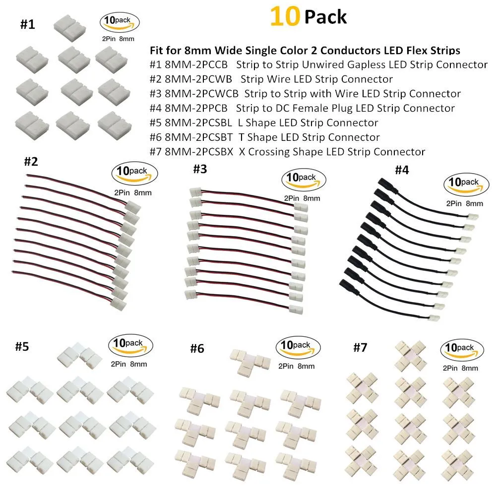 10pcs/Pack Solderless Snap Down 2Conductor LED Strip Connectors for 8mm Wide  2835 Single Color Flex LED Strips