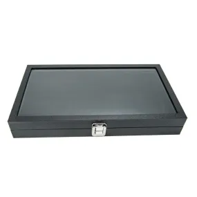 72 Black Ring Display in Large Clear Glass Top Lid Case- 14 3/4" x 8 1/4" x 2 1/4"H