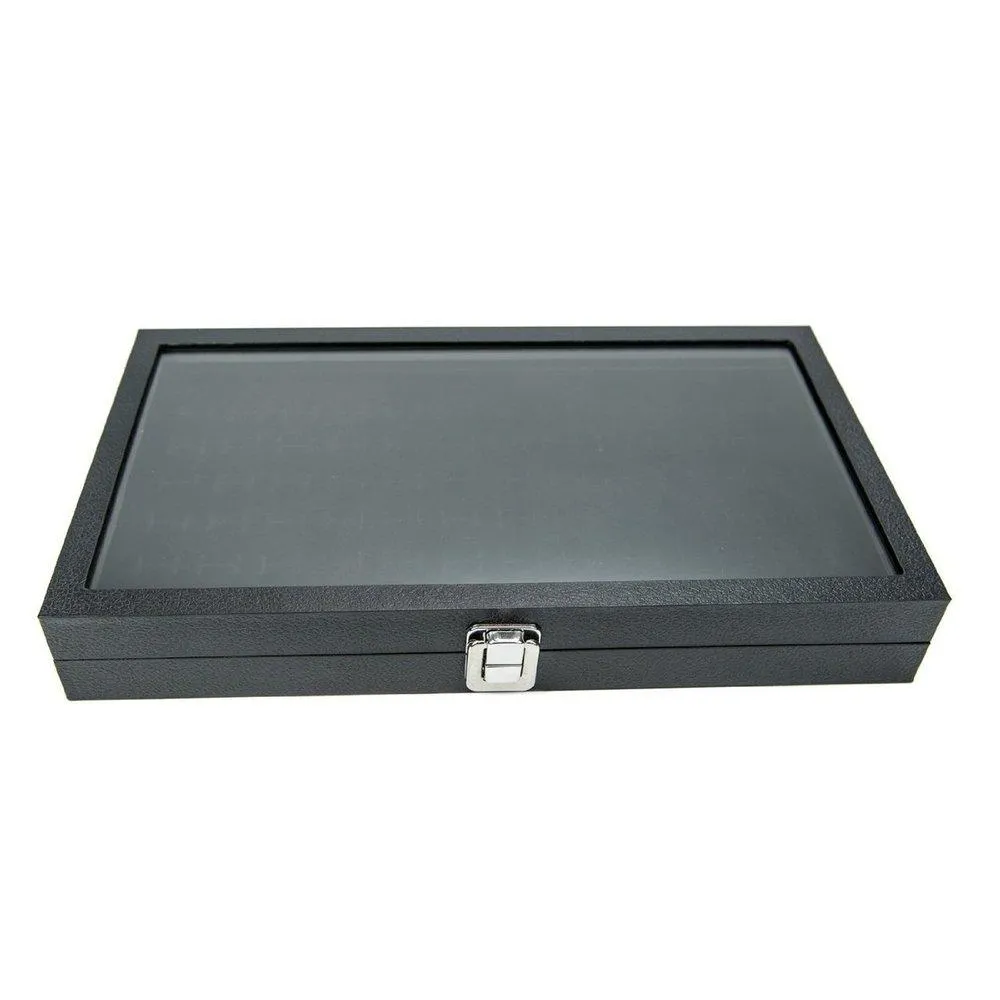 72 Black Ring Display in Large Clear Glass Top Lid Case- 14 3/4" x 8 1/4" x 2 1/4"H