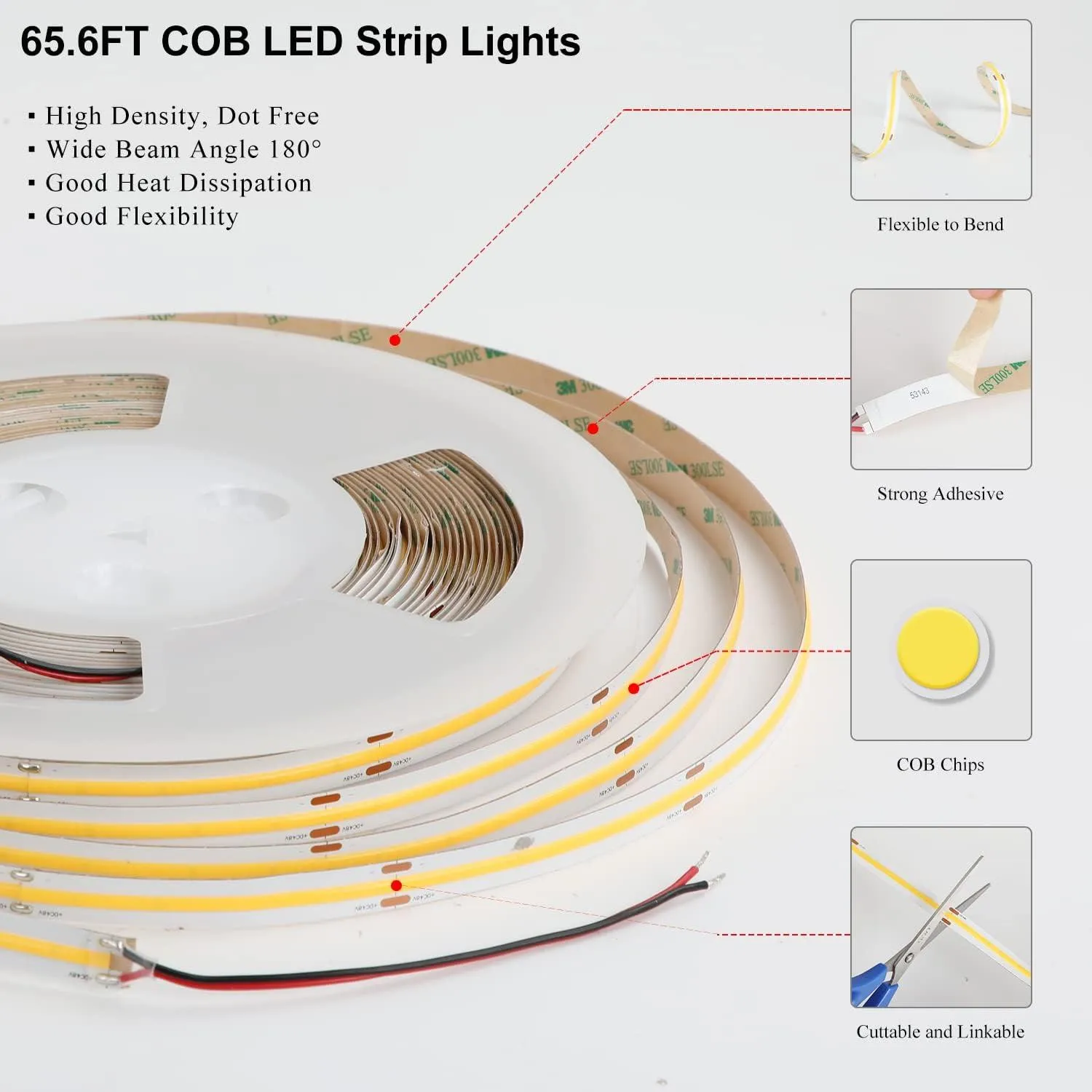 COB LED Strip Lights, 65.6ft/20m 3000K Led Lights Strip, DC48V, CRI90 