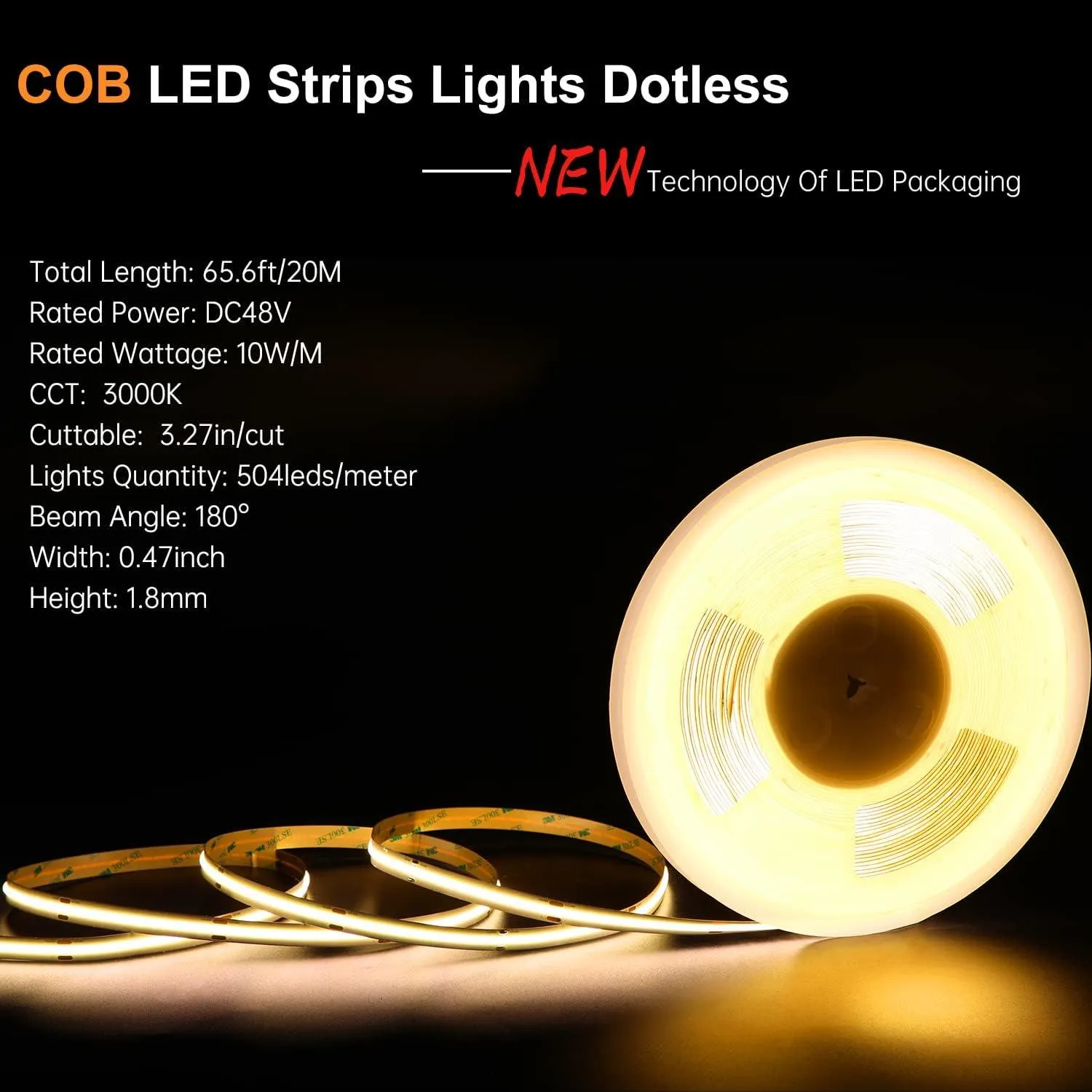 COB LED Strip Lights, 65.6ft/20m 3000K Led Lights Strip, DC48V, CRI90 