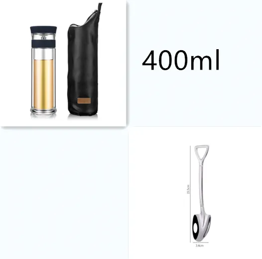 Color: Blue with spoon, Size: 400ml - 400ml Portable Double Wall