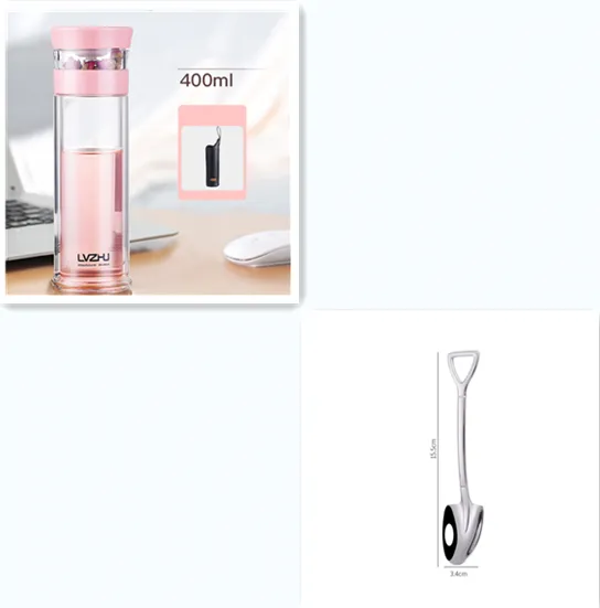 Color: Pink with spoon, Size: 400ml - 400ml Portable Double Wall