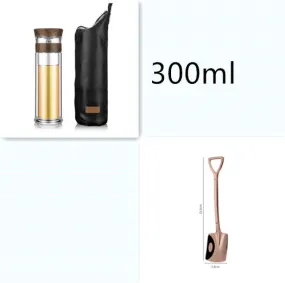 Color: Wood with spoon, Size: 300ml - 400ml Portable Double Wall