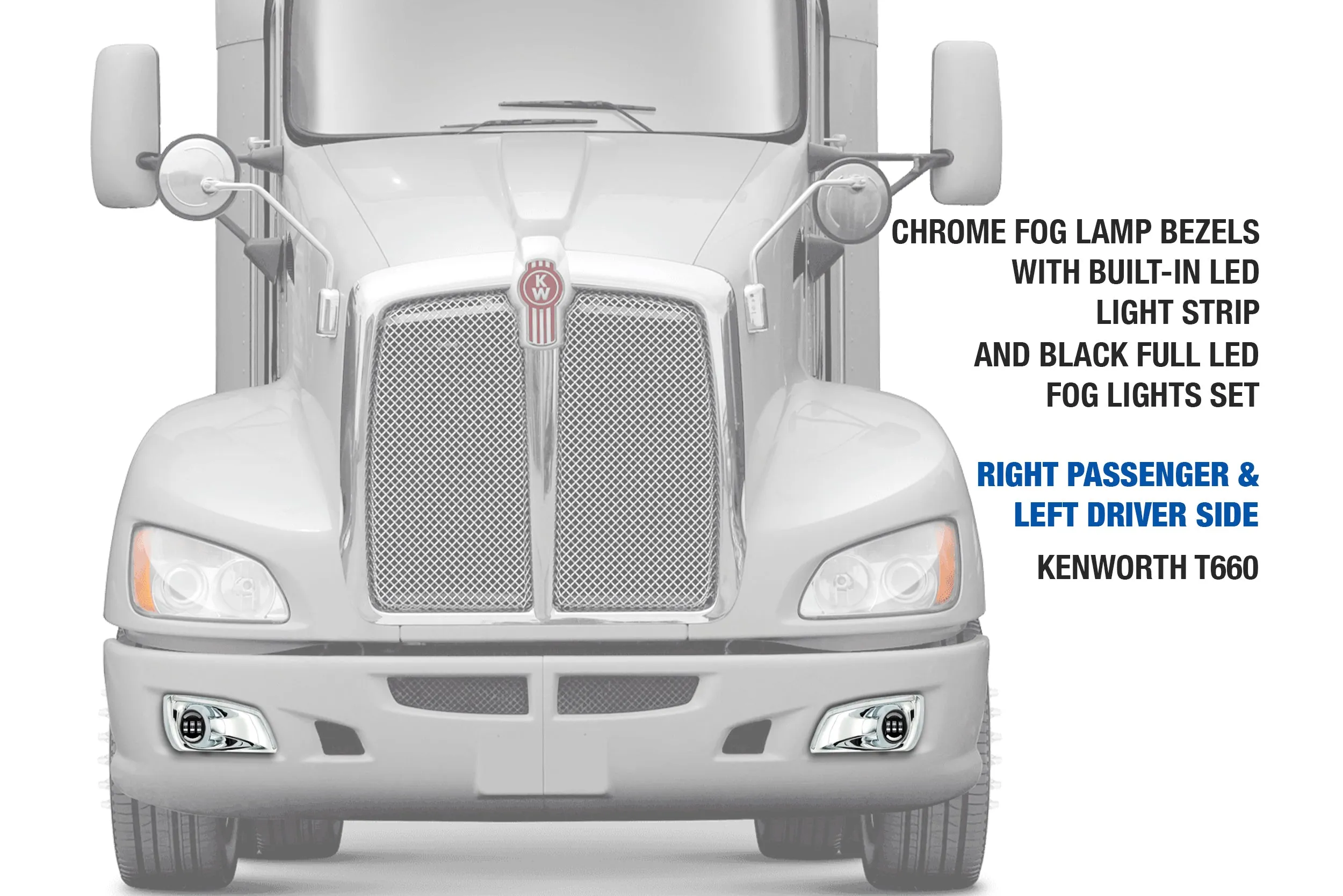 Fog Light Bezels Chrome w/ Built-in Light Strip & Black Full LED Fog Lights Set Kenworth T660