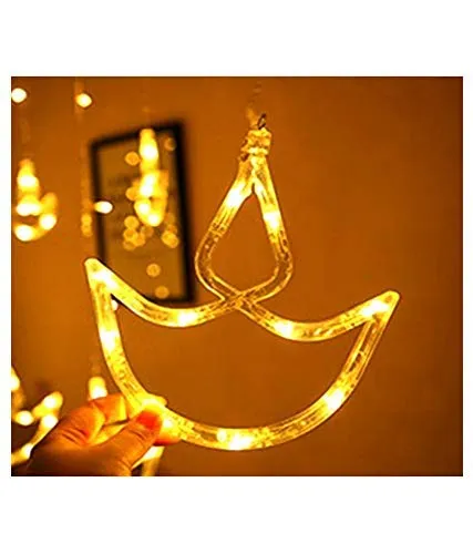 HK Balloons Pack of 2 12 Diya Shape LED Curtain String diwali Lights with Diwali Banner for Home Decoration Window Hanging Lighting with 8 Flashing Mode for Navratri, Christmas, Wedding, Festivals, Balcony, Bedroom Decorations - Warm White